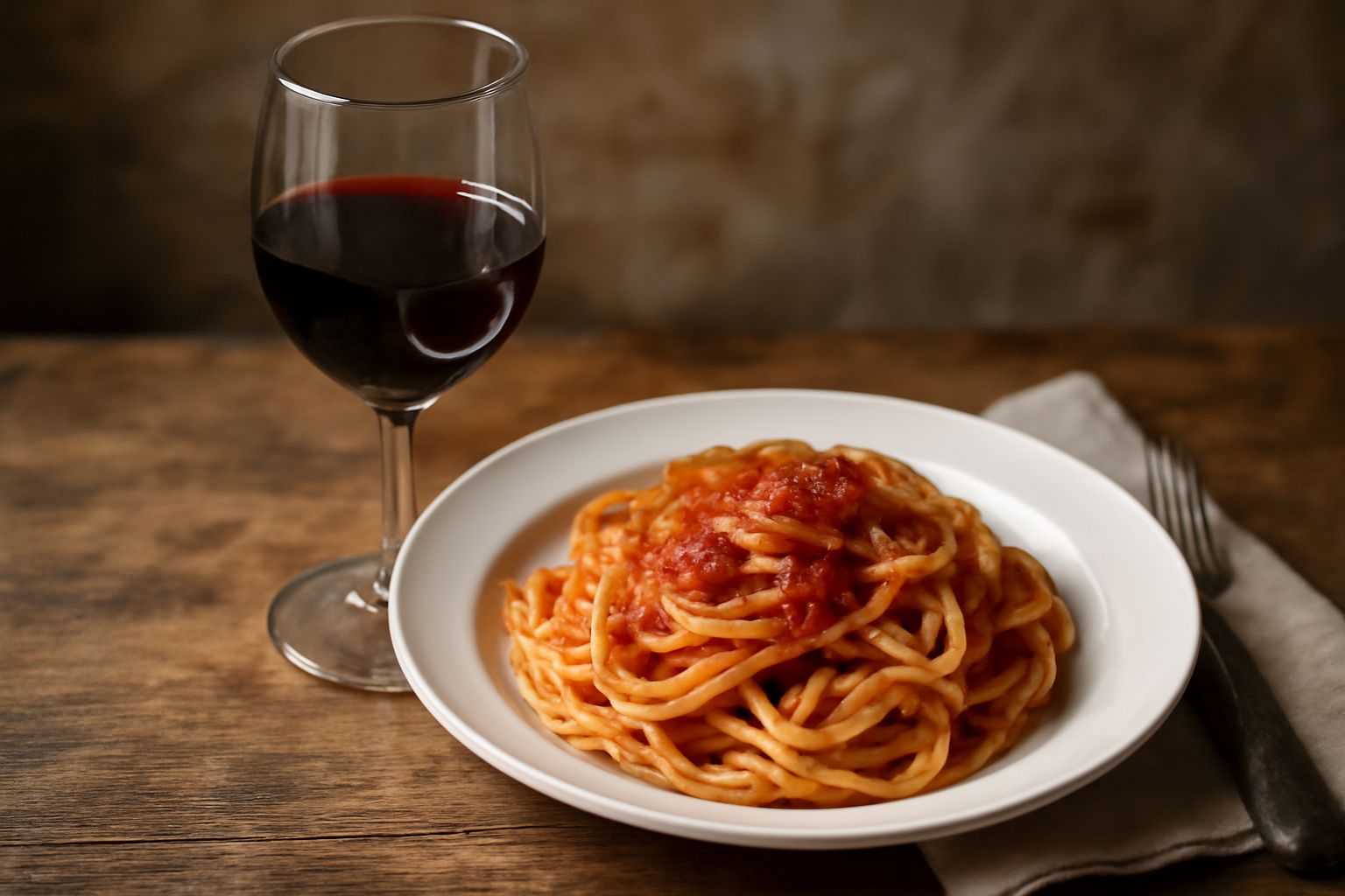 Calice di vino rosso riempito a metà con liquido trasparente di colore rubino scuro, poggiato su una tavola di legno scuro, con una bottiglia sfocata sullo sfondo e luce naturale che mette in evidenza