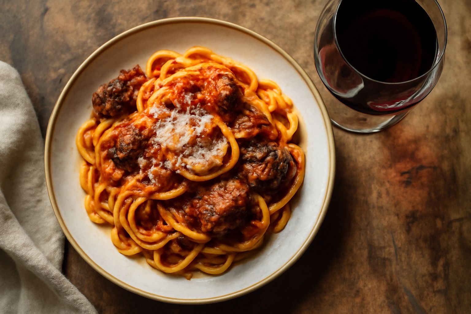 Bicchiere di vino rosso Magliocco con riflessi granato su fondo bianco, accanto a un piatto con salumi e formaggi locali