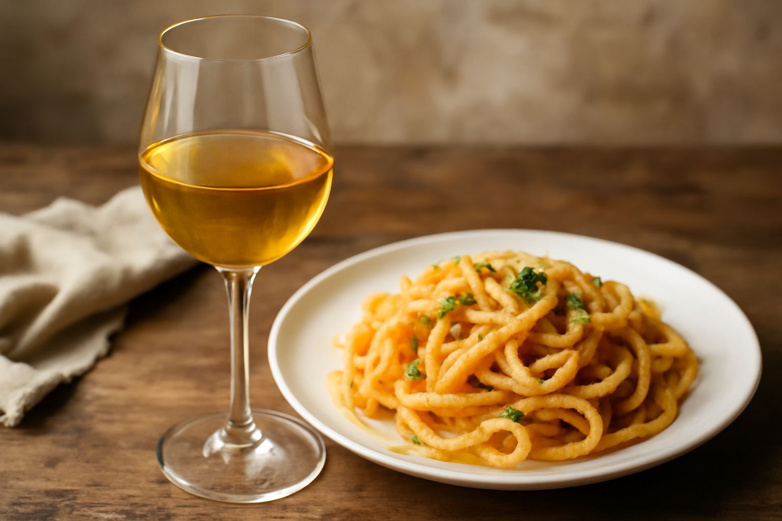 Bicchiere di vino Malvasia color oro pallido con riflessi ambrati, servito su una tavola di legno naturale accanto a uva bianca e formaggio fresco
