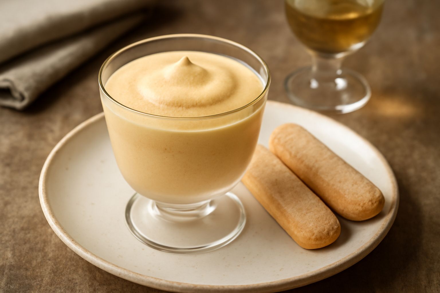 Zabaione cremoso e beige in coppa di vetro trasparente, con spuma liscia e uniforme, guarnito con una savoiardi spezzata e qualche goccia di Malvasia color ambrato attorno al bordo del piatto