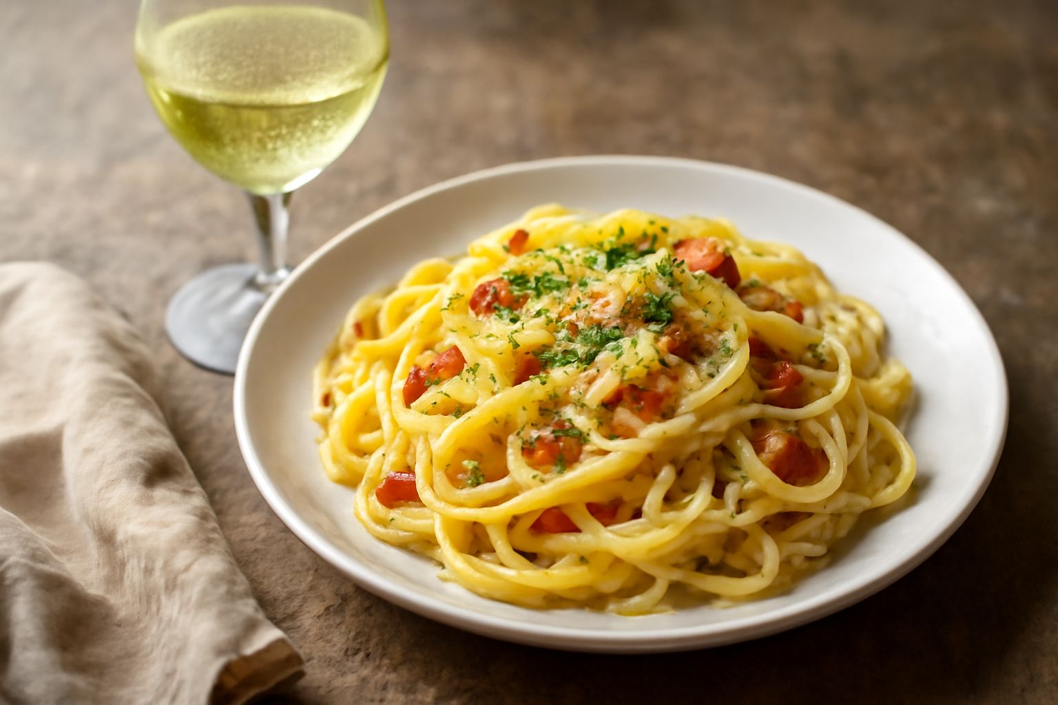 Bicchiere di vino bianco Malvasia del Lazio con riflessi dorati, servito freddo accanto a un piatto di pesce fresco e limone tagliato a fette, con sfondo di vigneti verdi lontani