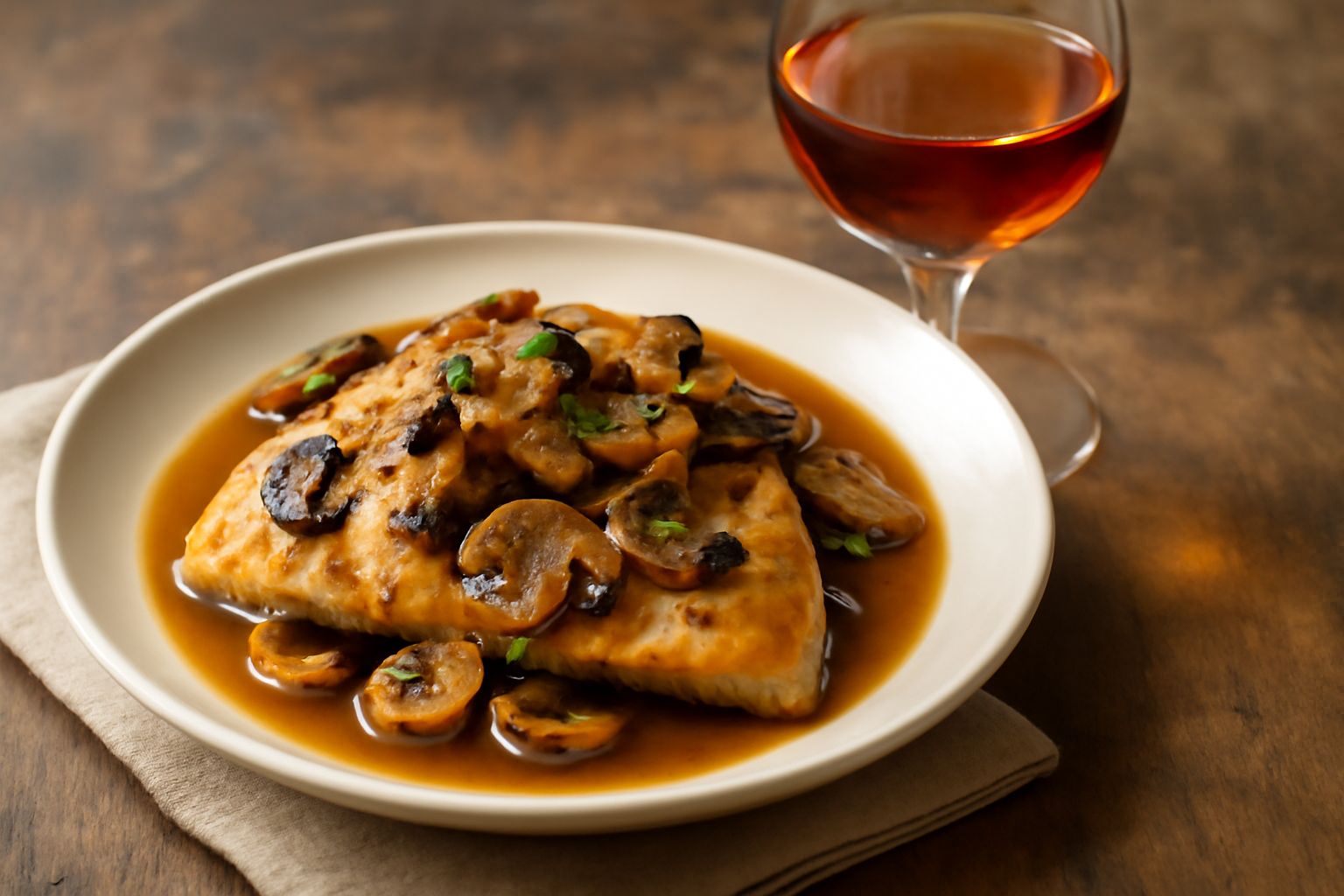Bicchiere di vetro trasparente con Marsala Fine color ambrato dorato, sfondo bianco, bottiglia di Marsala sullo sfondo leggermente sfuocata