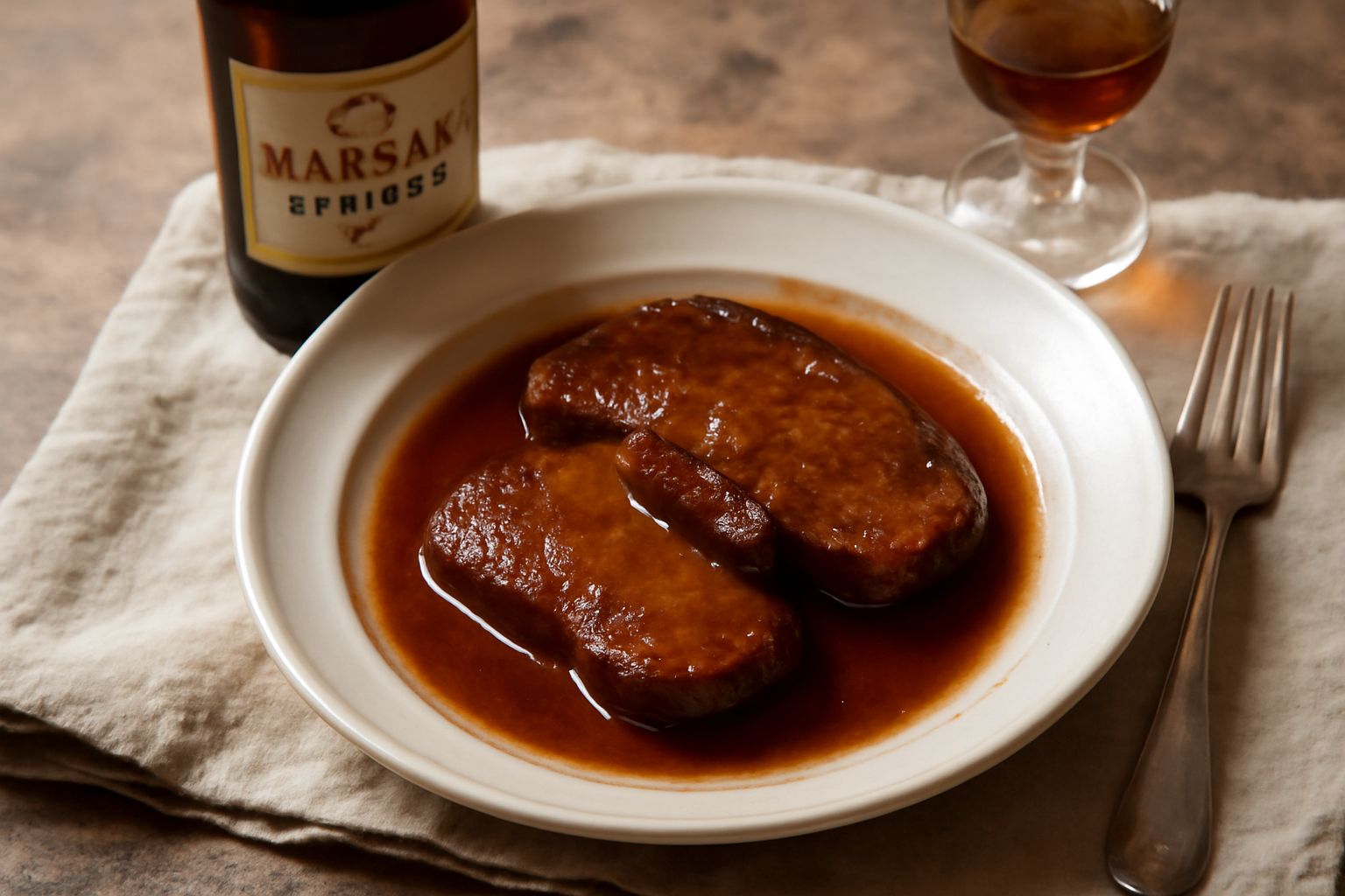 Bottiglia di vino Marsala Superiore ambrato con etichetta tradizionale, accanto a un bicchiere di cristallo a metà riempito di Marsala, su fondo di legno scuro con accanto mandorle tostate e una mela 