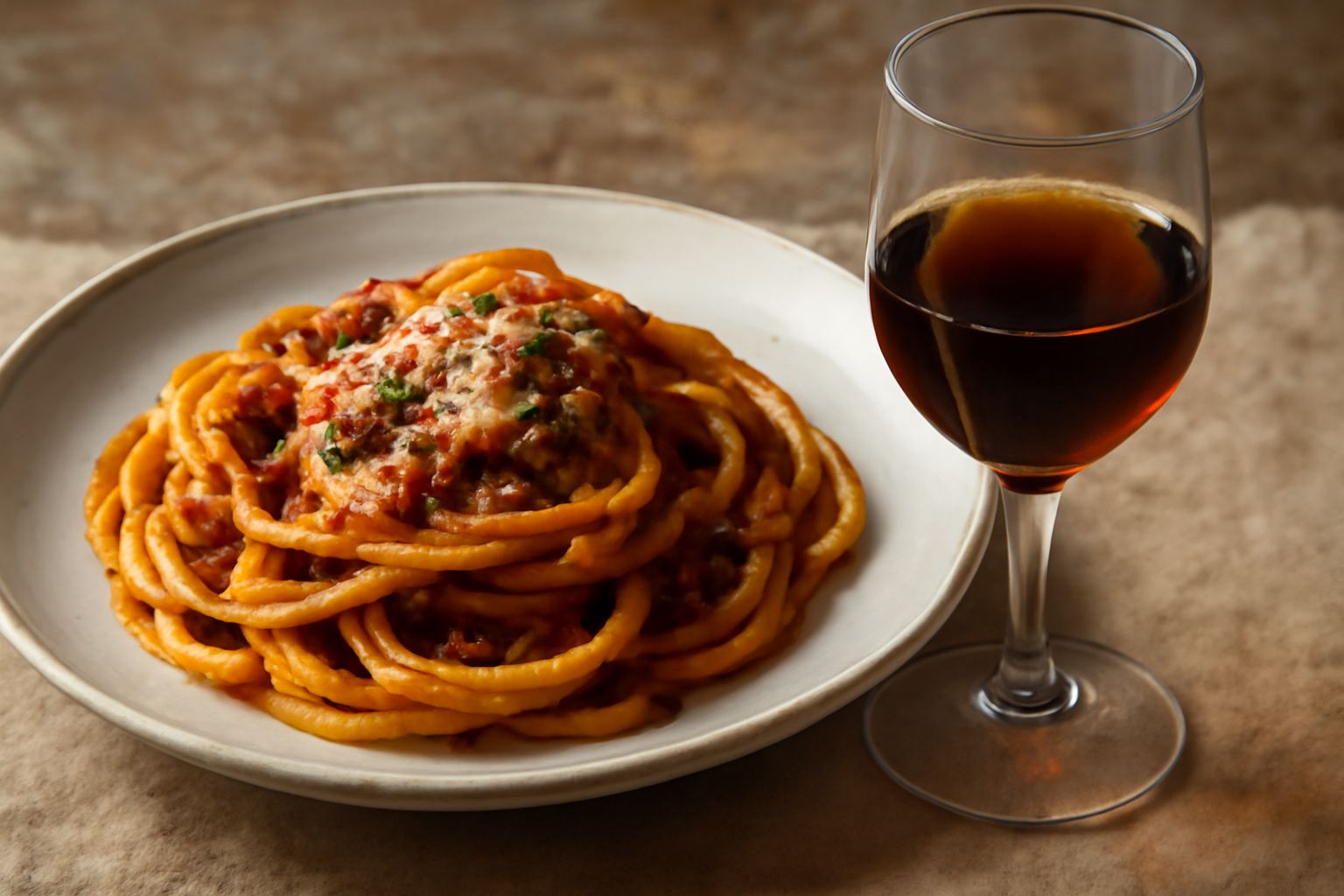 Calice di Marsala Vergine color ambra carico, trasparente, con riflessi dorati, servito su tavolo di legno scuro con accanto una porzione di formaggio Parmigiano Reggiano e nocciole tostate