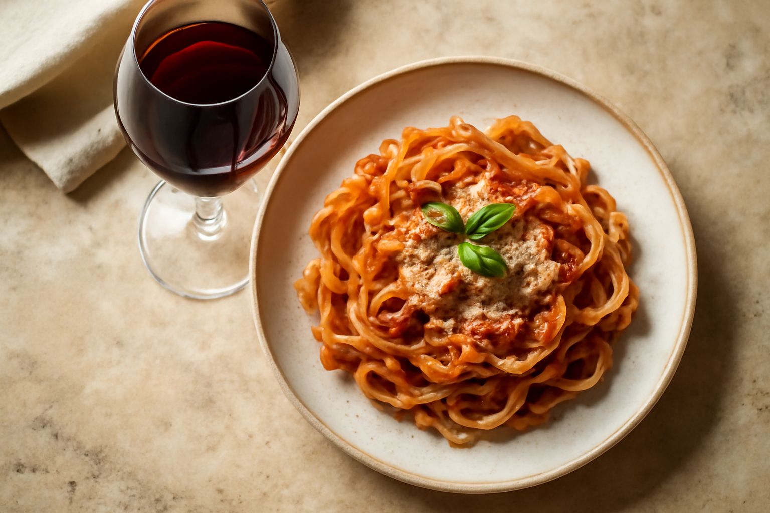 Calice di vino Marzemino di colore rosso rubino brillante, servito su tavolo di legno con sfondo di bottiglie di vino e paesaggio di vigneti montani