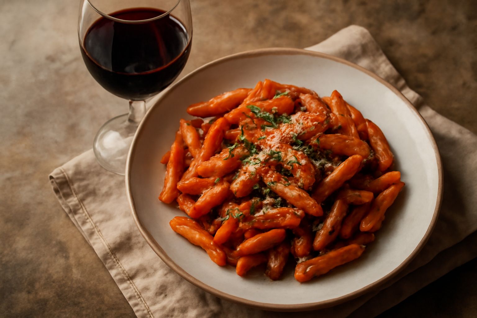 Calice di Montepulciano d'Abruzzo riempito a metà, vino rosso rubino profondo, con bottiglia e uva rossa sfocata sullo sfondo su tavolo in legno
