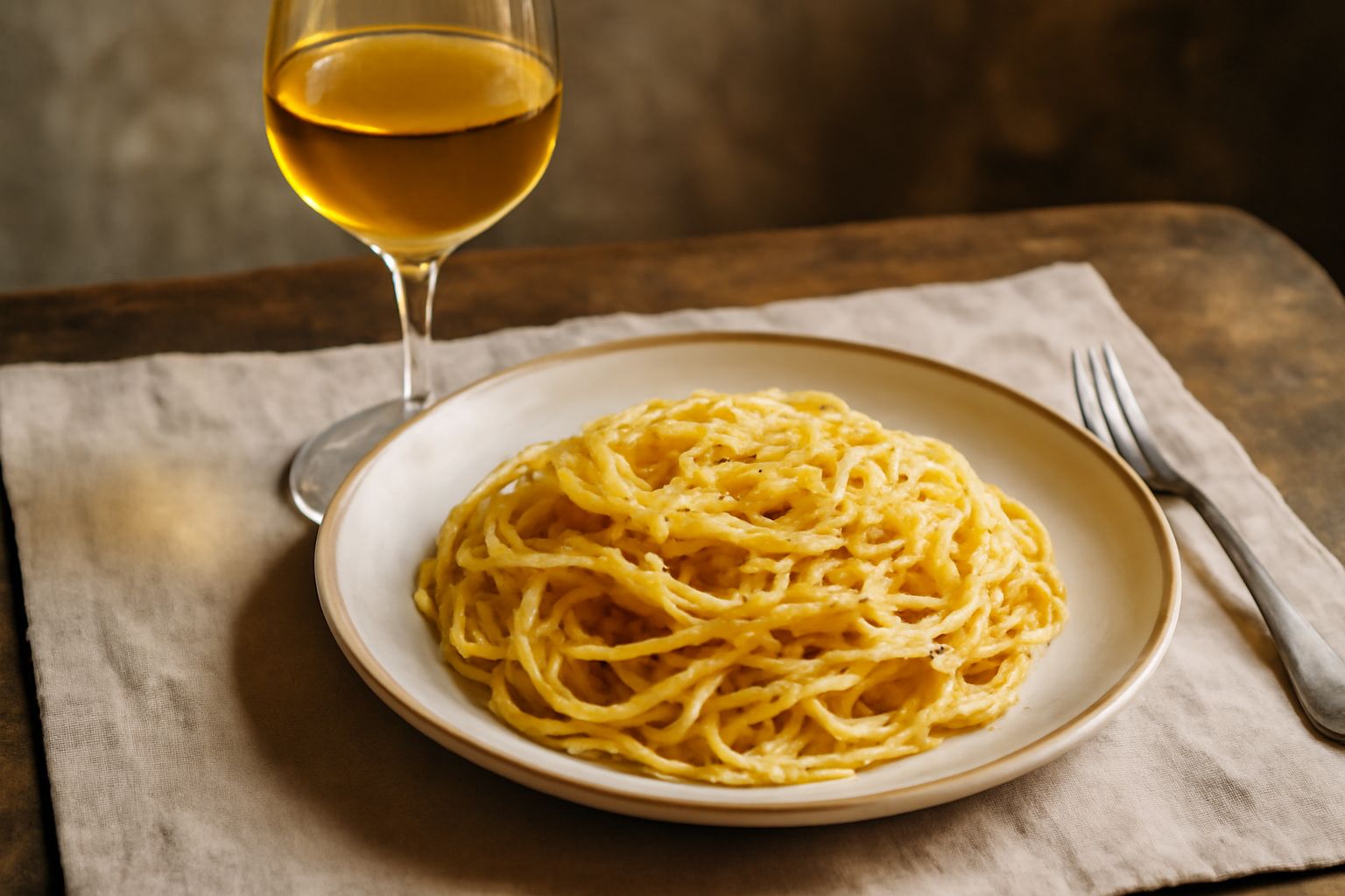 Calice di cristallo trasparente con Moscadello di Montalcino di colore giallo paglierino, con riflessi dorati, posato su tavolo di legno accanto a biscotti secchi e piattino di formaggi