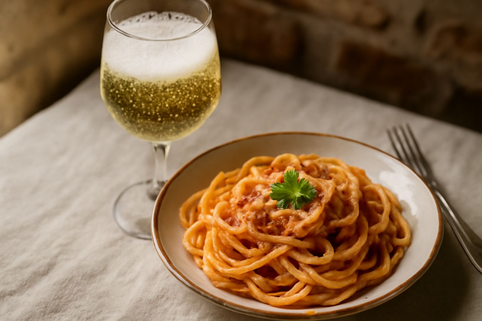 Calice di vetro con Moscato giallo paglierino fresco e ghiacciato, posato su tavolo di legno chiaro accanto a biscotti savoiardi dorati e un piatto bianco con mandorle