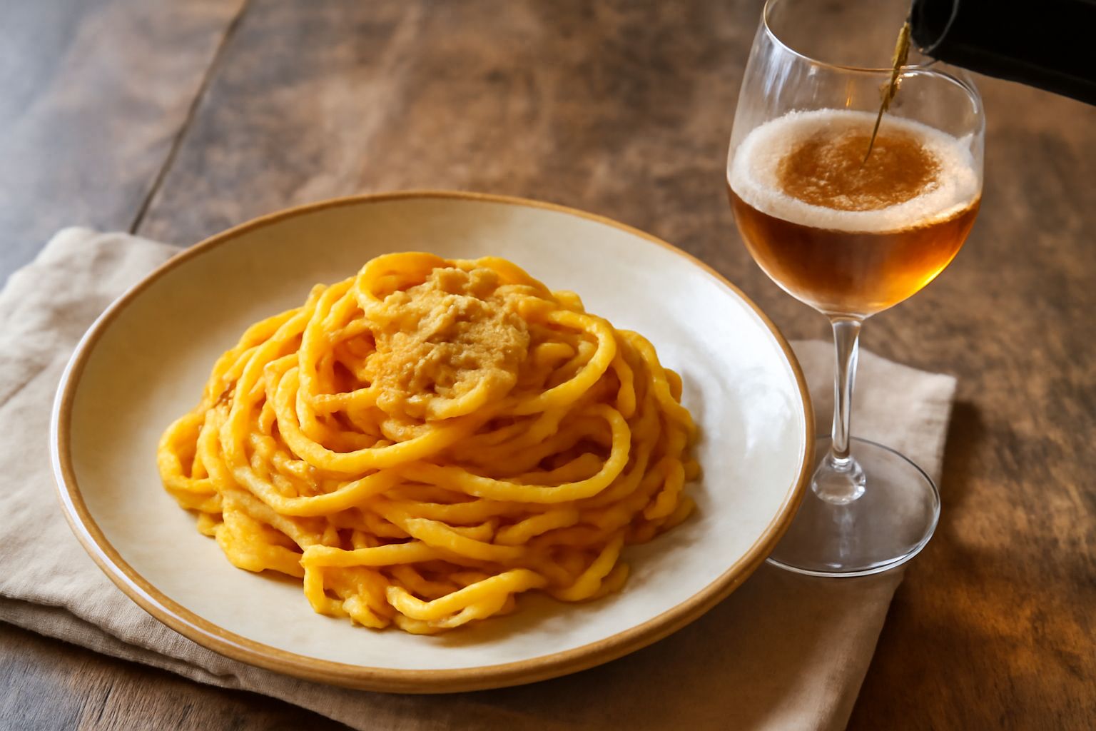 Bicchiere da dessert con Moscato di Saracena di colore giallo dorato, bottiglia fredda con condensa sullo sfondo, piattino con mandorle tostate e fichi secchi, tavolo in legno scuro
