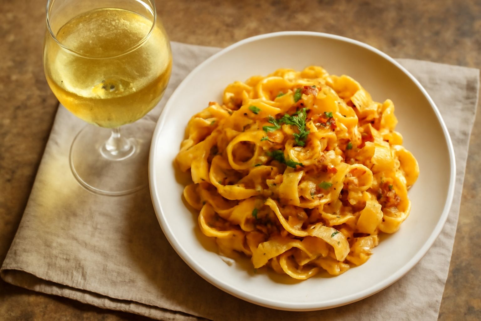 Bicchiere di Moscato di Terracina color giallo paglierino con riflessi dorati, servito freddo su sfondo di uva moscato e caraffa di vetro trasparente