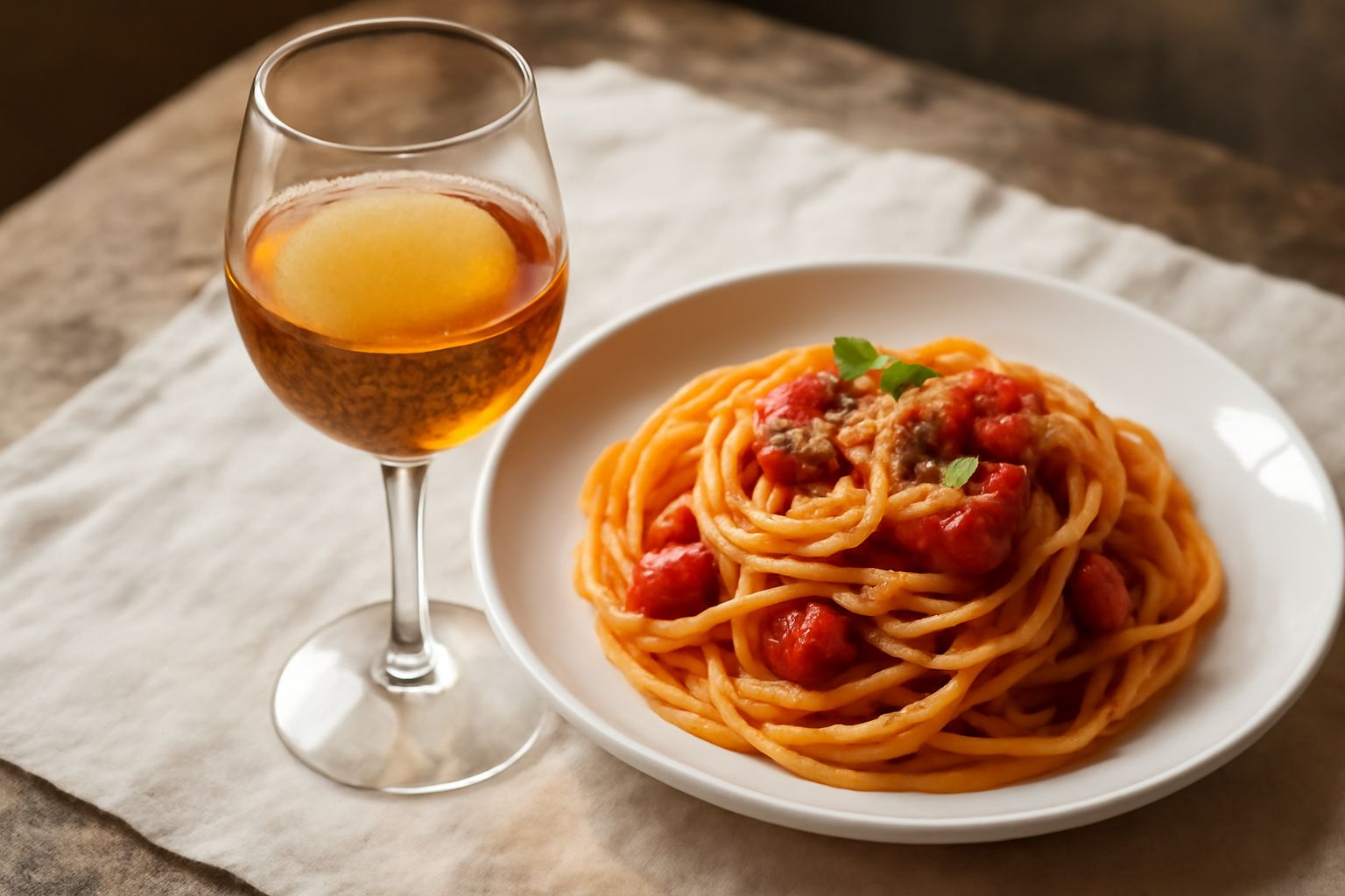 Bicchiere di Moscato di Trani color oro pallido, servito freddo su tavolo di legno bianco con grappoli d'uva moscata e pesche fresche di lato