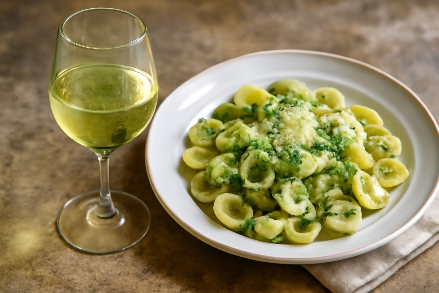 Calice di vino Müller Thurgau trasparente e giallo paglierino su tavolo in legno, con uva bianca e fiori bianchi sullo sfondo sfocato