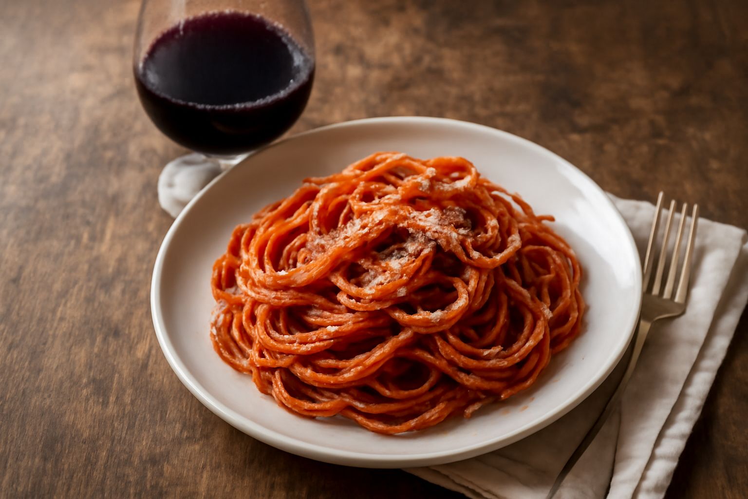 Calice di vino rosso Negroamaro con riflessi granati, servito su tavolo in legno accanto a pane toscano, formaggio stagionato e olive nere