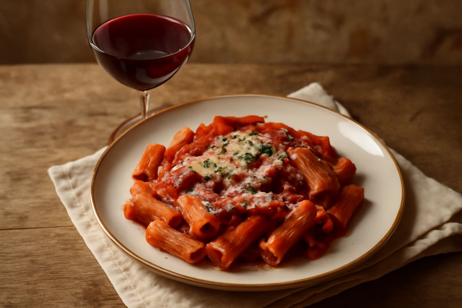 Bicchiere di vino Nerello Cappuccio rosso rubino su tavolo di legno scuro, accanto a un piatto di pasta al ragù, con una bottiglia sullo sfondo sfuocata