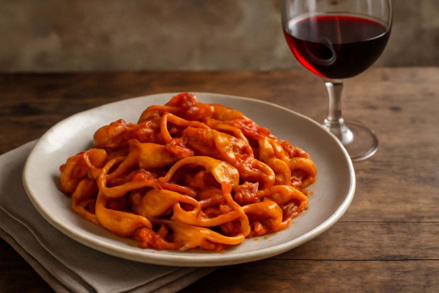 Bicchiere di Nero d'Avise con colore rosso rubino trasparente su sfondo montano con bottiglie di vino in terracotta, accanto a ingredienti montani come funghi e carni essiccate
