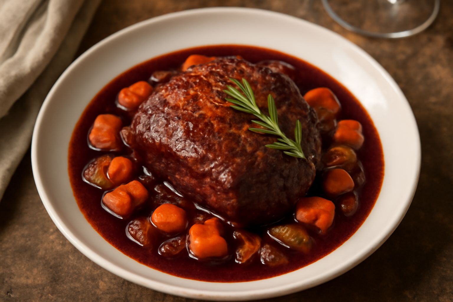Braisato di manzo brasato in vino rosso scuro Nero di Troia, servito in piatto bianco con sugo denso di vino e verdure caramellate, decorato con rametti di rosmarino, sfondo neutro