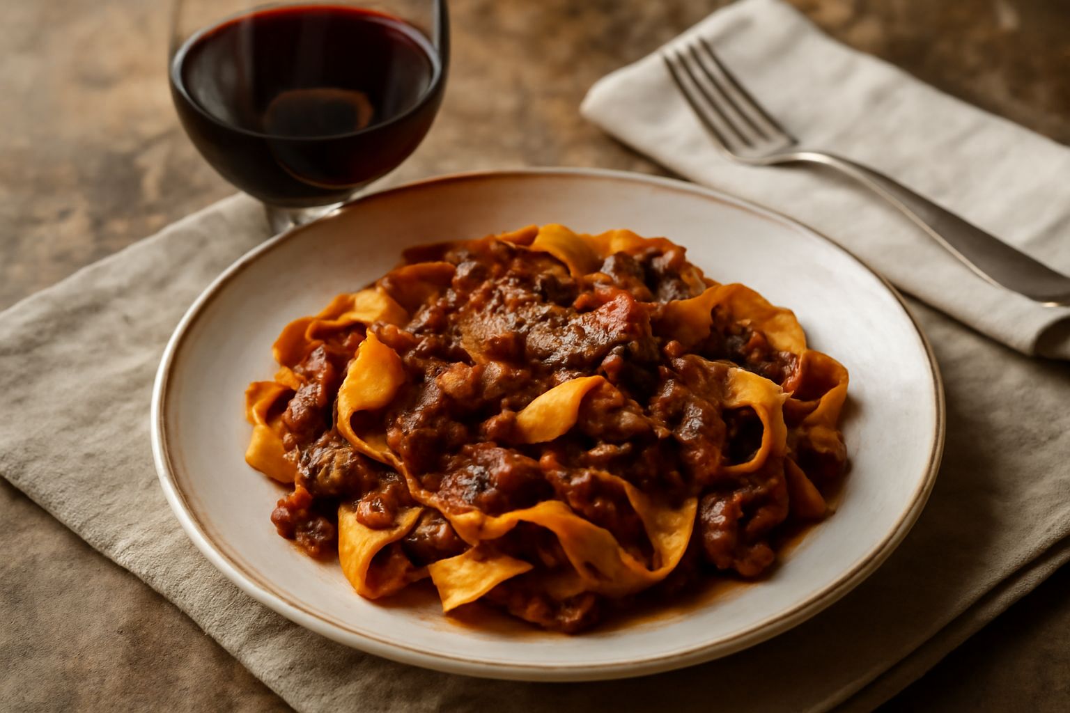 Bicchiere di vino rosso scuro rubino con riflessi granato, appena versato, accanto a una bottiglia di Vino Nobile di Montepulciano su tavolo di legno naturale con luce naturale