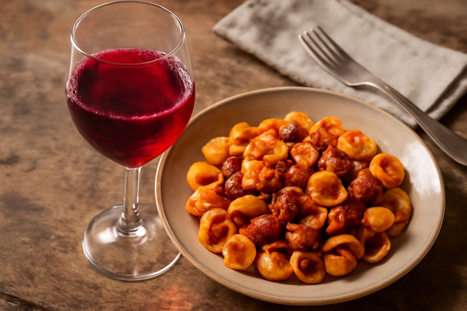 Calice di vino novello rosso rubino acceso versato su un tavolo di legno, con una bottiglia sullo sfondo e grappoli d uva nera disidratati accanto