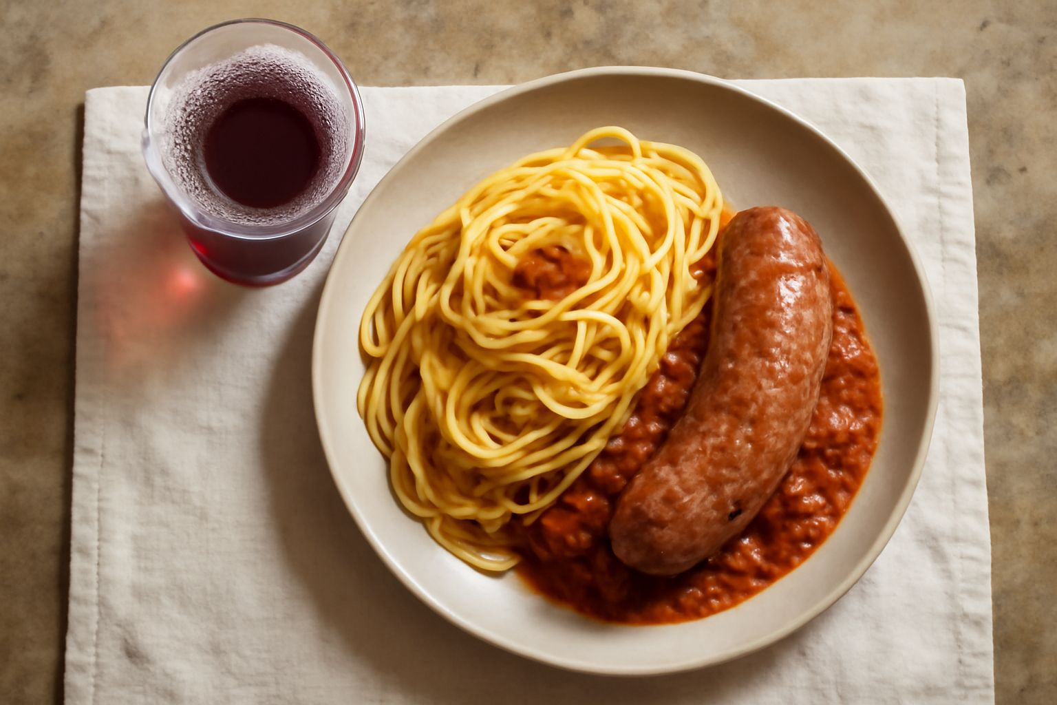 Bicchiere di vino novello rosso rubino semitrasparente, con spuma leggera, calice in vetro trasparente su tavolo di legno scuro con grappolo d'uva rossa sfocato sullo sfondo