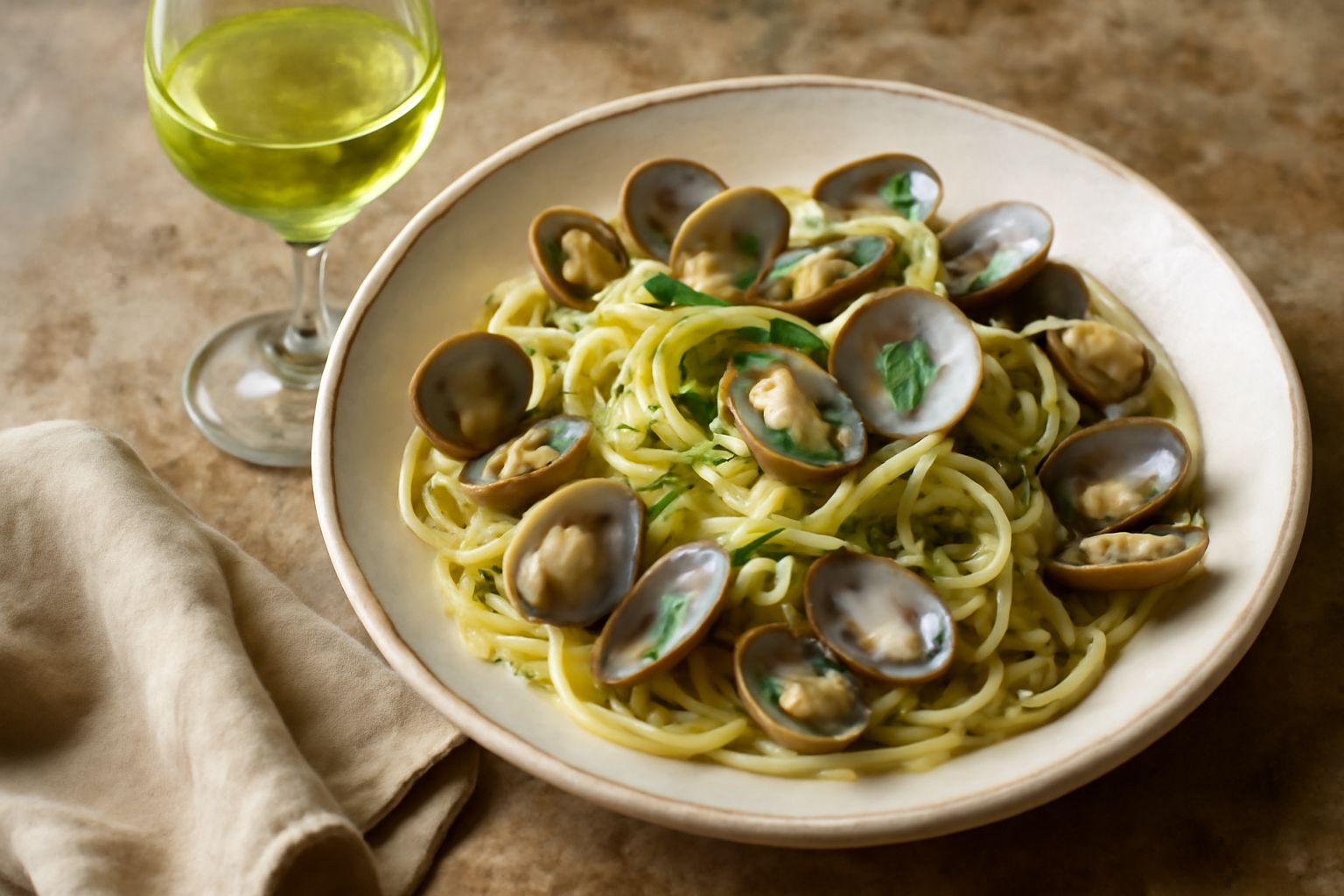 Bicchiere di vino bianco trasparente e luminoso con riflessi gialli, versato da una bottiglia, circondata da limoni freschi, pane tostato e frutti di mare crudi su un tavolo di legno chiaro