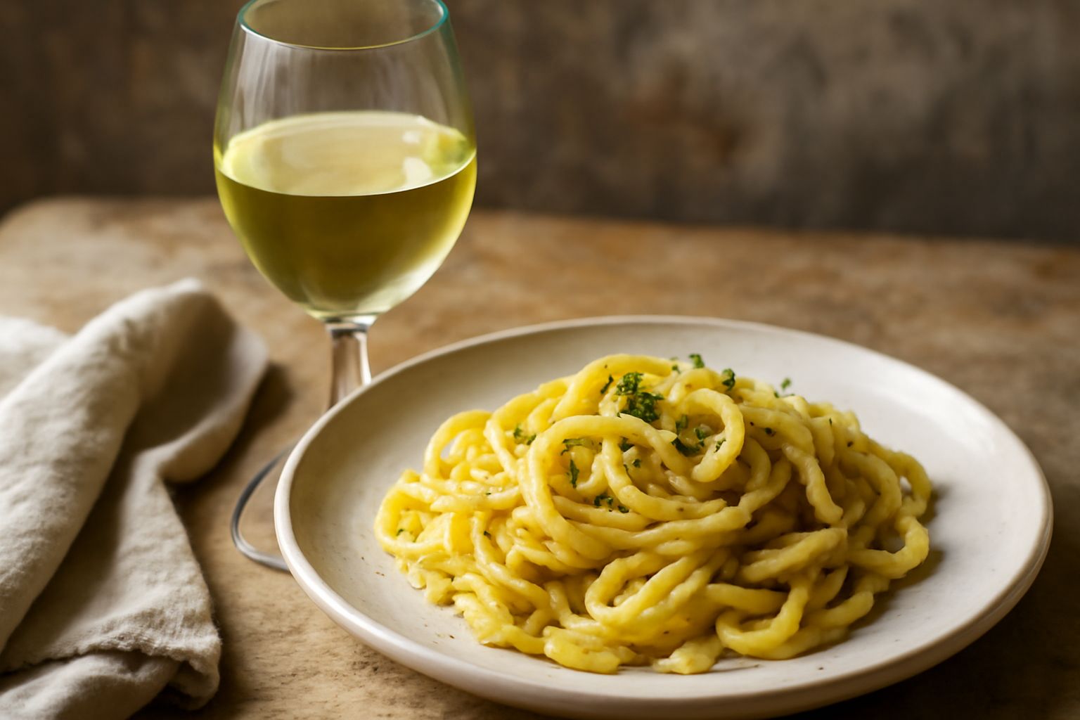 Calice di vino bianco Passerina trasparente, fresco e luminoso, posto su tavolo di legno con piatto di ostriche e limone affettato sullo sfondo