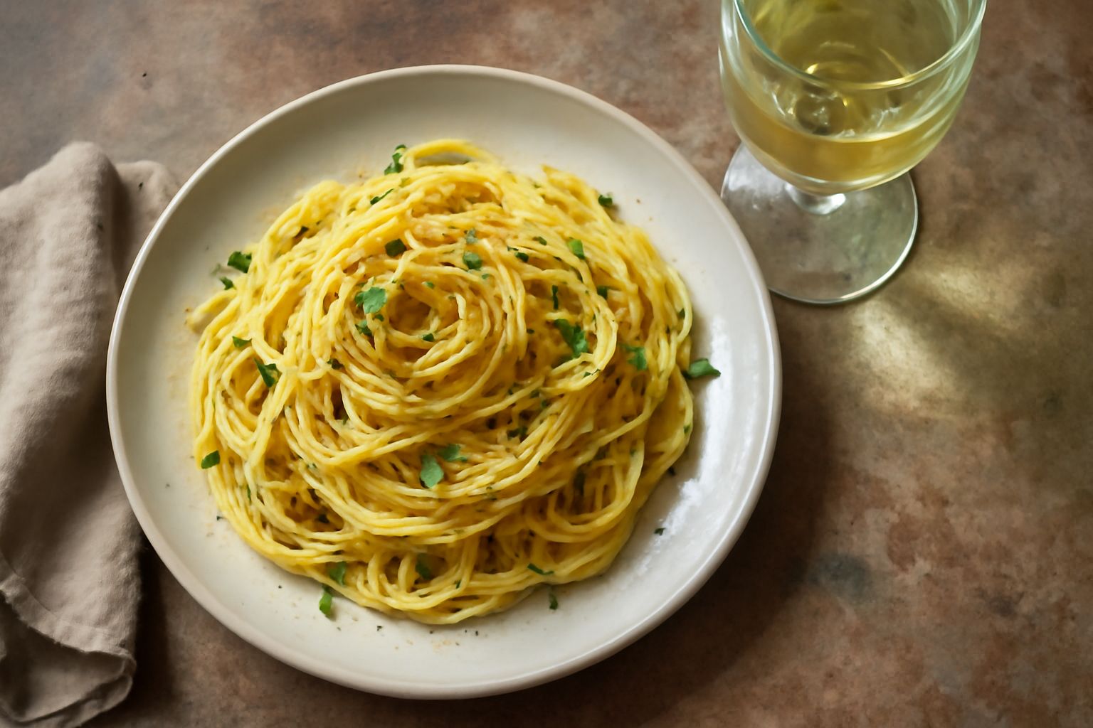 Bicchiere di vino bianco Passerrina di colore giallo paglierino, servito freddo in un calice trasparente, con sfondo sfuocato di tavolo bianco e bottiglia di vetro verde
