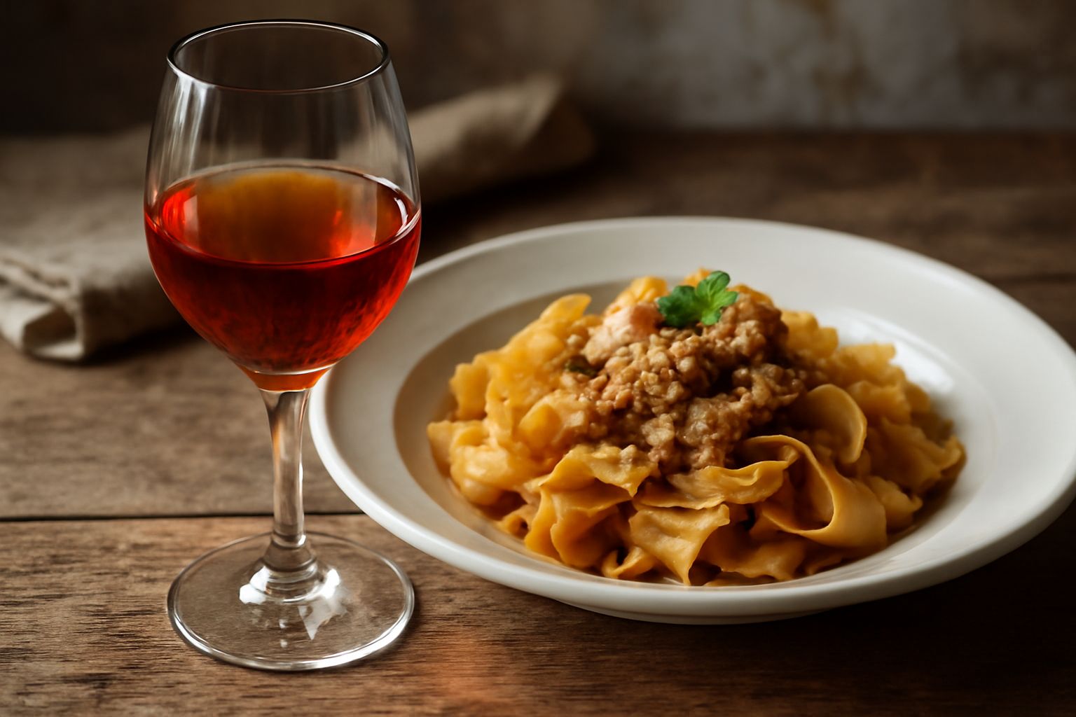 Bicchiere di vino passito color ambra carico, trasparente, servito in calice bianco su tavolo di legno chiaro, con grappolo d'uva appassita sfocato sullo sfondo
