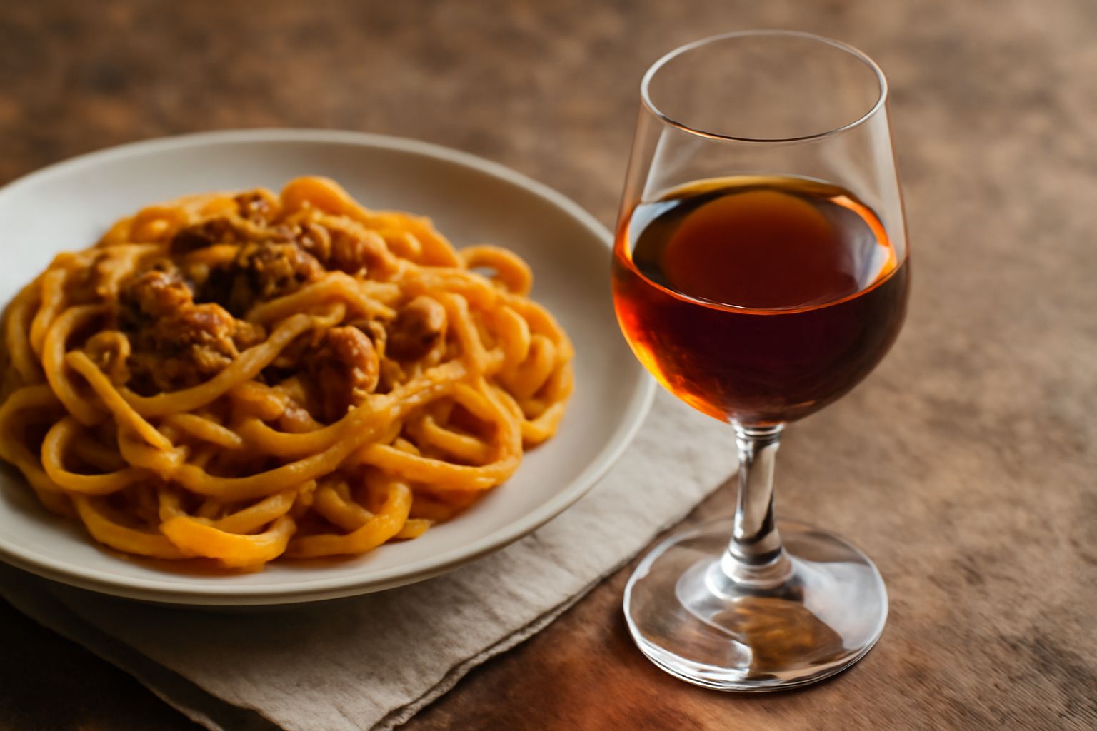 Bicchiere di vino passito color ambra scuro su sfondo bianco, con riflessi dorati, accanto a grappoli d'uva appassita marrone e raggrinzita