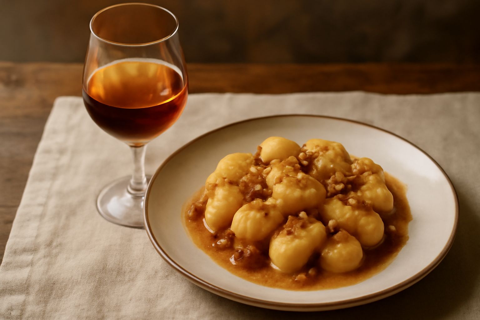 Bicchiere di cristallo piccolo con Vino Passito Moscatello color ambra dorato, servito freddo su tavolo di legno con grappolo d'uva moscatella appassita accanto