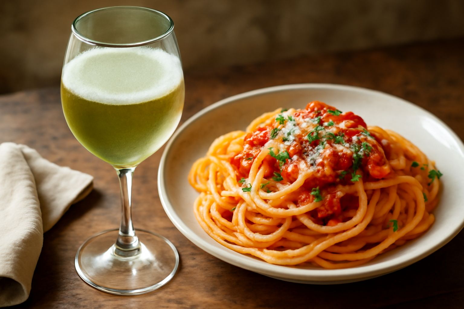 Calice di vino bianco Pecorino servito freddo con sfumature giallo paglierino, riflessi chiari, perlage fine sulla superficie, posato su tavolo scuro con una bottiglia sullo sfondo sfuocato