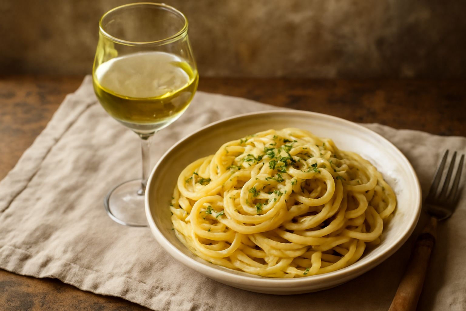 Calice di Pinot Grigio trasparente con riflessi gialli e verdi, posato su un tavolo bianco accanto a filetti di pesce al limone e insalata verde fresca