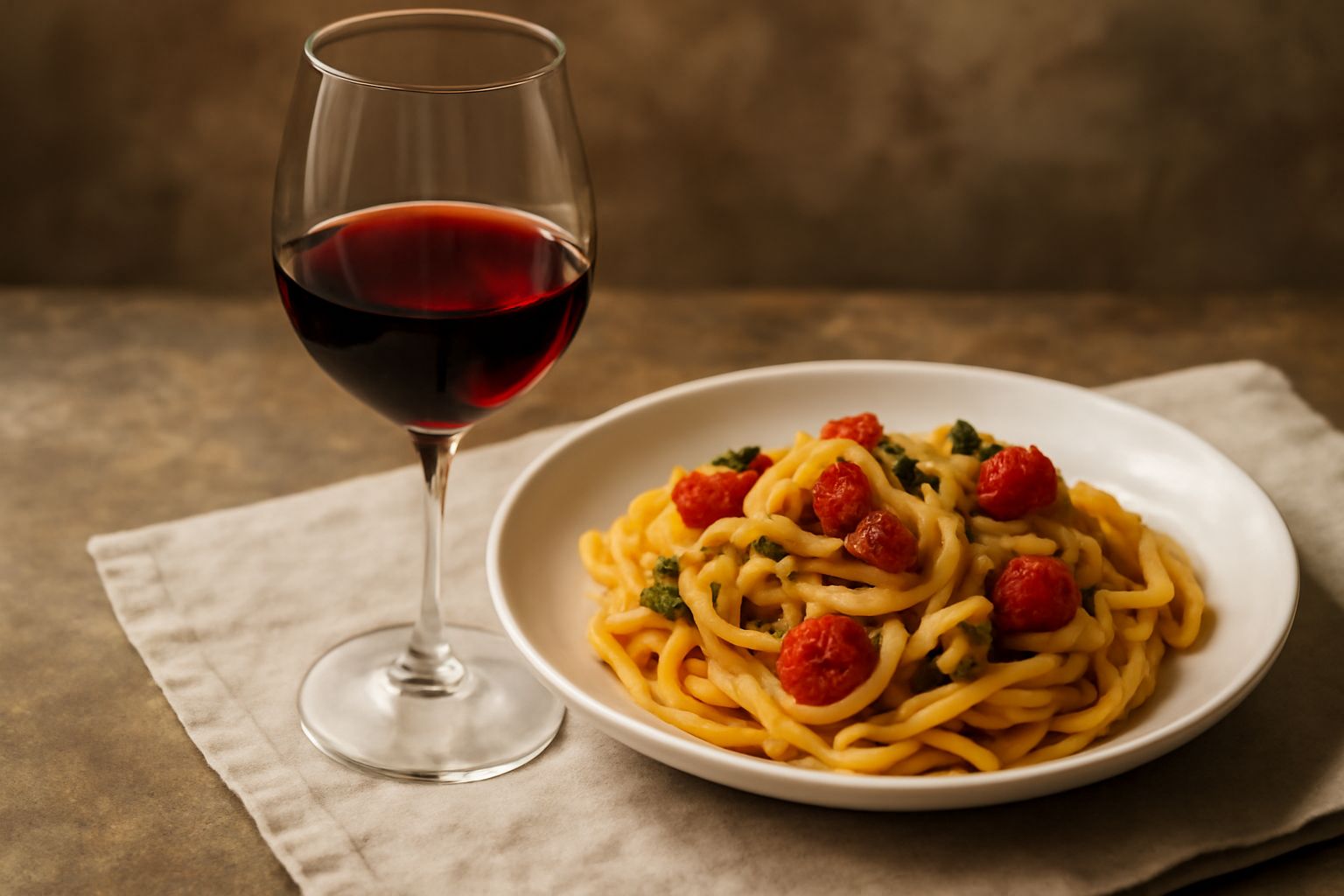 Calice di vino rosso Pinot Nero dal colore rubino trasparente, con riflessi granata, su fondo bianco con grappolo di uva nera accanto