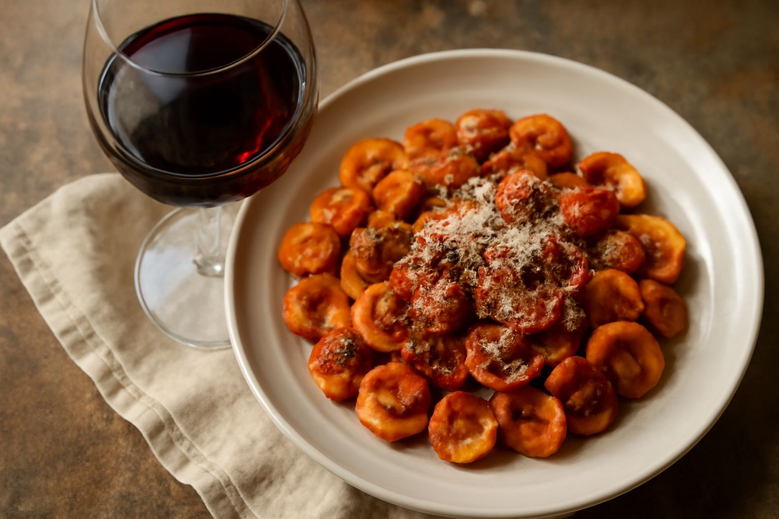 Calice di vino rosso Primitivo dal colore rubino intenso, riempito a metà, con riflessi luminosi sul vetro, su tavolo in legno scuro con grappolo d'uva nera accanto