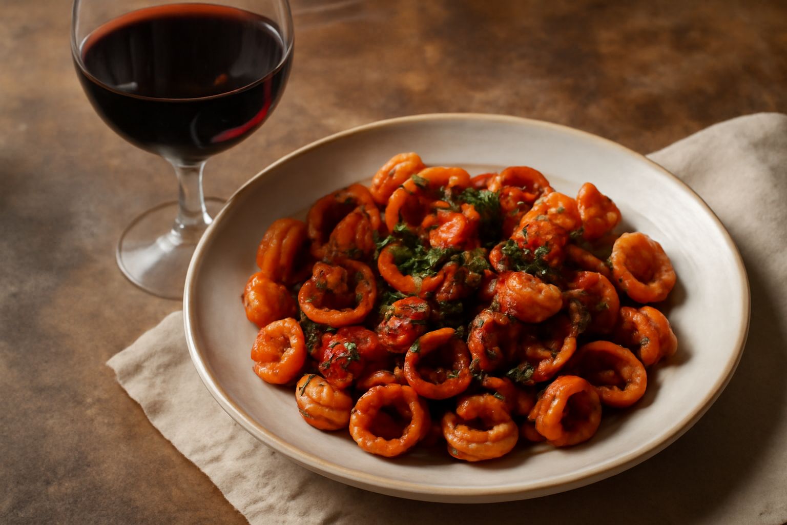 Calice di vino rosso Primitivo di Manduria con riflessi granato e viola, su sfondo di bottiglie e vigneti pugliesi al tramonto