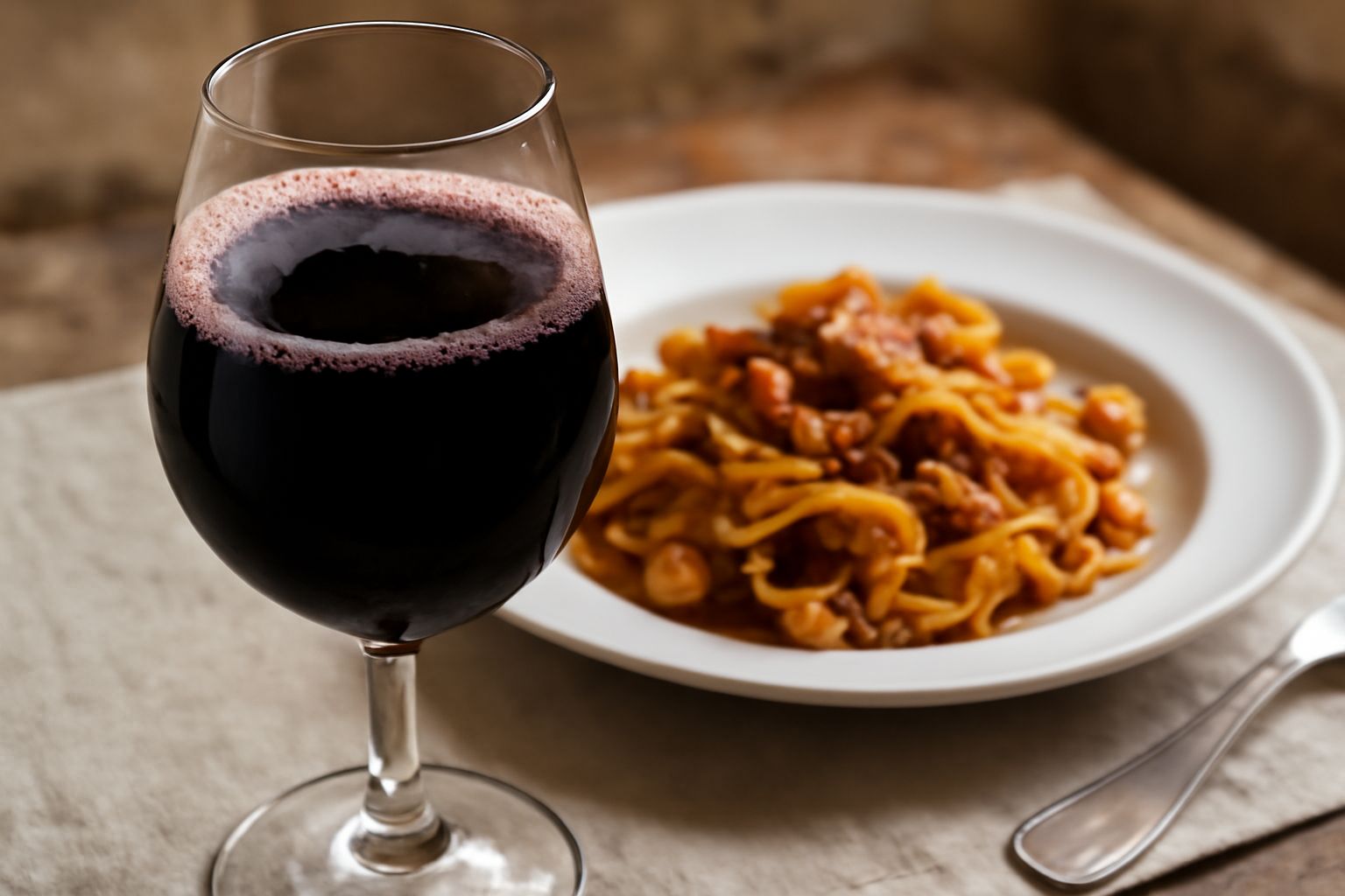 Bicchiere di vino rosso scuro Raboso con sfumature violacee, servito su tavolo di legno rustico, con calice a tulipano, accanto a pane toscano e salumi