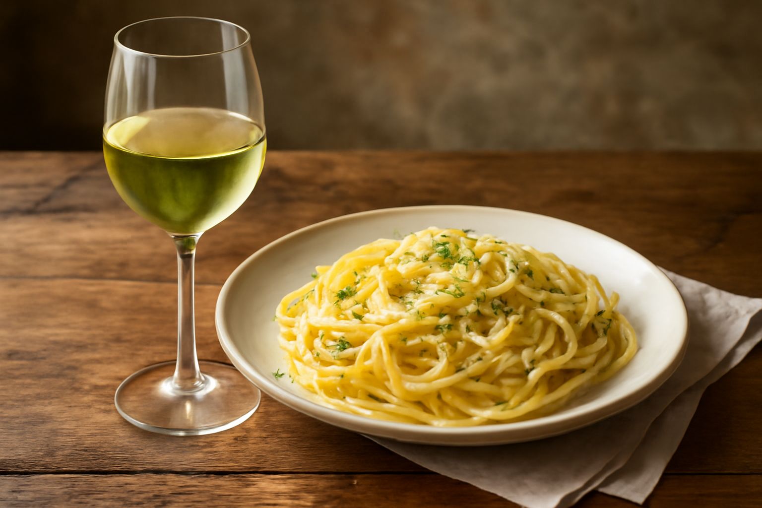 Bicchiere di vino bianco Riesling cristallino con riflessi gialli dorati, servito con uva bianca, noci e fette di pane tostato su tavola di legno naturale