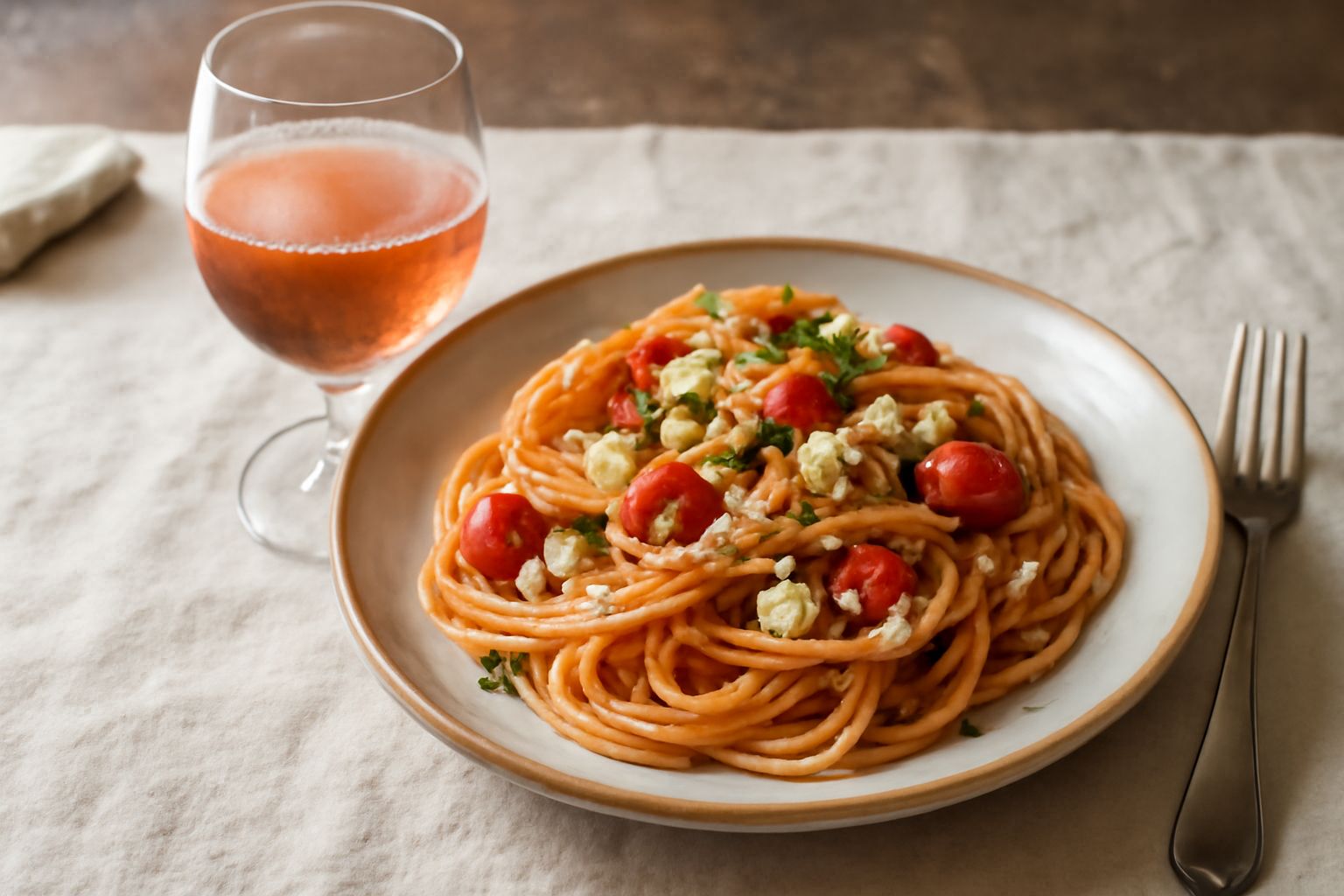 Bicchiere di vino rosato calabrese con colore rosa salmone pallido, servito su tavolo bianco con limone fresco e uva rossa accanto