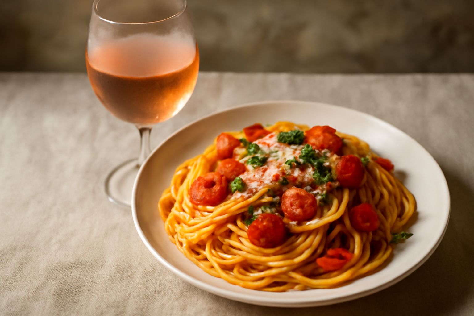 Bicchiere di vino rosato chiaro e trasparente, servito ghiacciato con gocce di condensa, in sfondo tavola di legno con limoni e uva rossa
