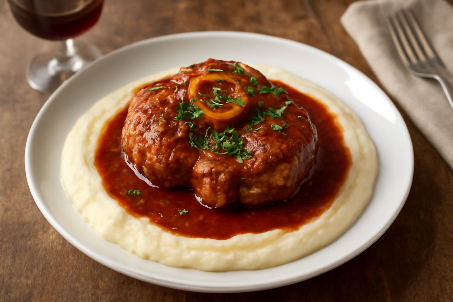 Osso buco servito in un piatto fondo bianco con sugo rosso scuro, fetta di midollo visibile nell'osso, contorno di purea di patate bianca, decorato con prezzemolo verde