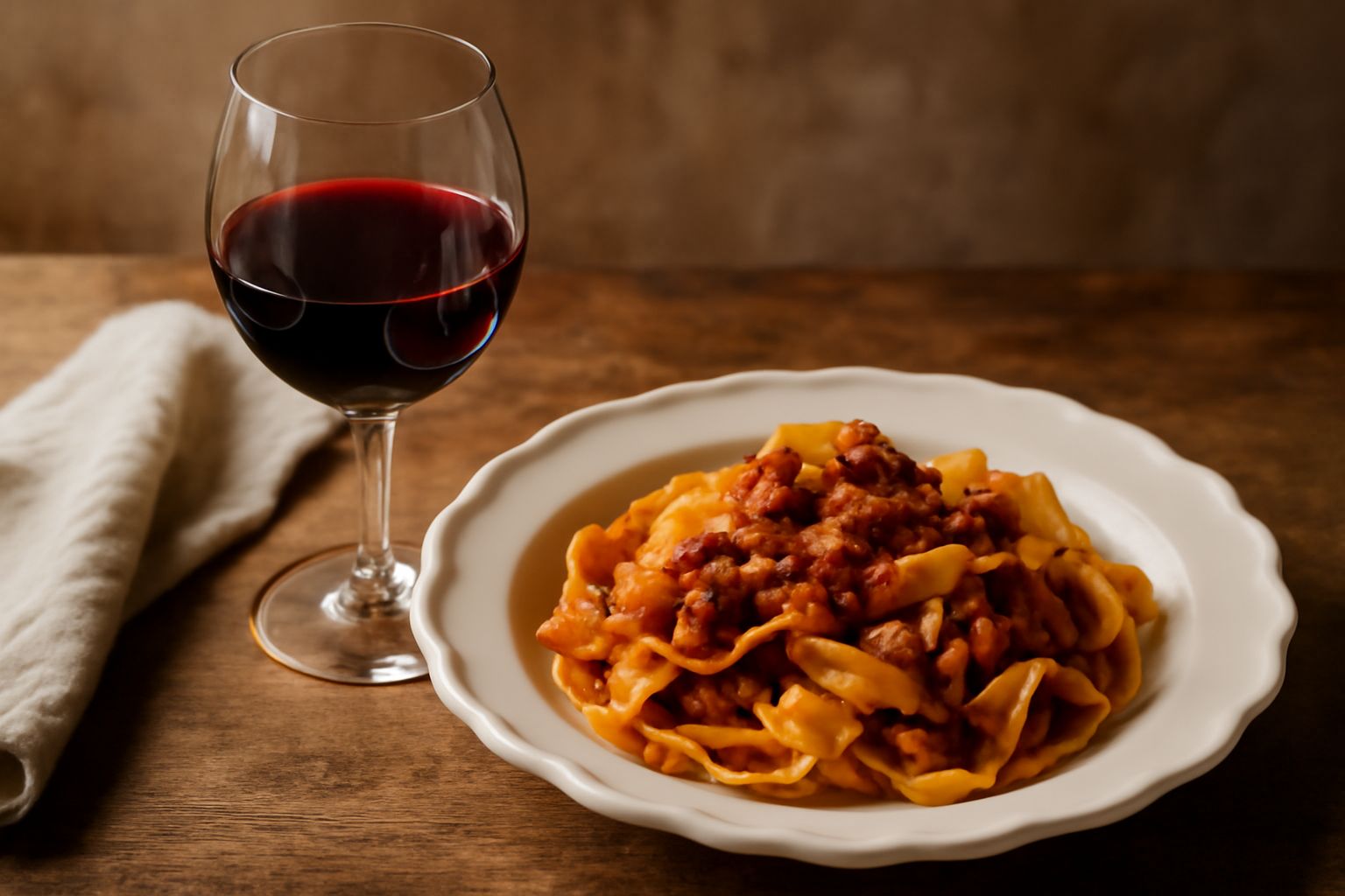 Bicchiere di vino rosso con riflessi rubino, bottiglia di vino Colli Piacentini in sottofondo, tavola in legno con salumi e formaggi locali