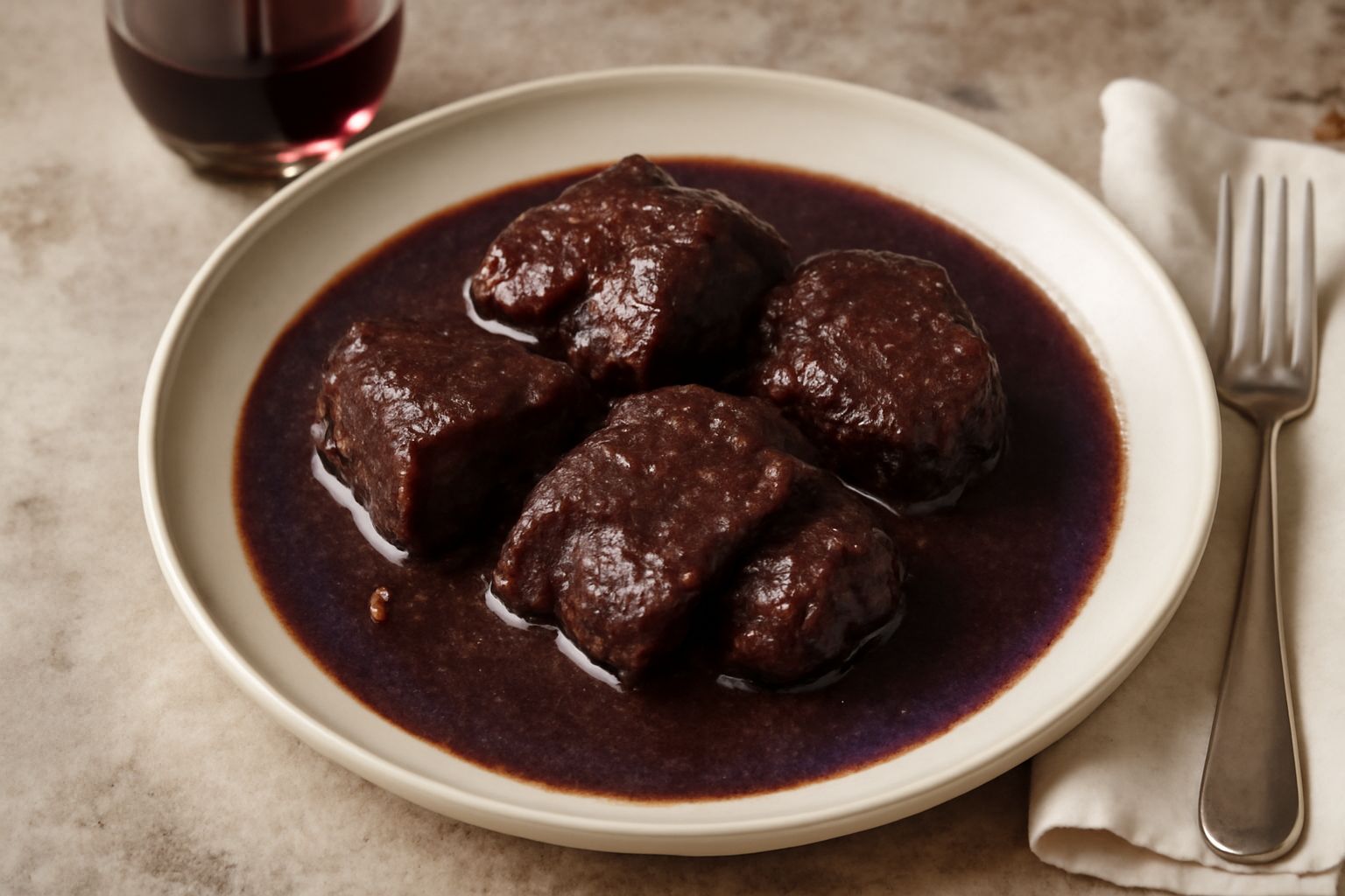 Un bicchiere di vino rosso scuro colmo accanto a un piatto di brasato in umido con verdure, su un tavolo di legno naturale con una bottiglia di vino rosso sullo sfondo