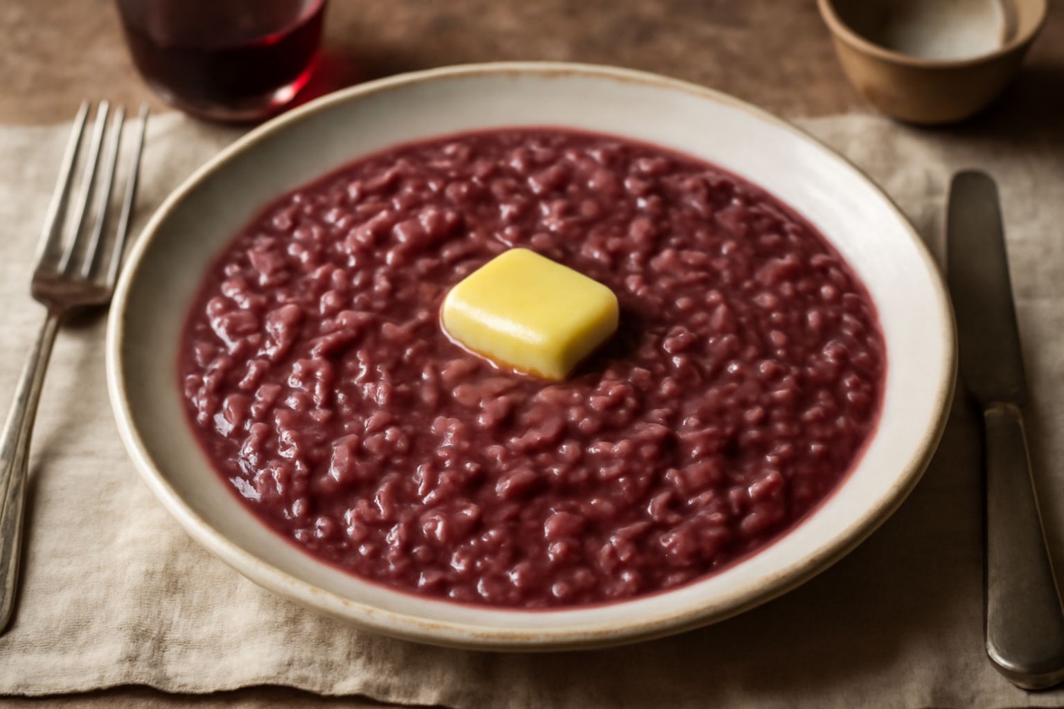 Risotto cremoso color rosso vinaccia servito in piatto fondo bianco, decorato con scaglie di parmigiano e una noce di burro al centro, vapore ancora visibile