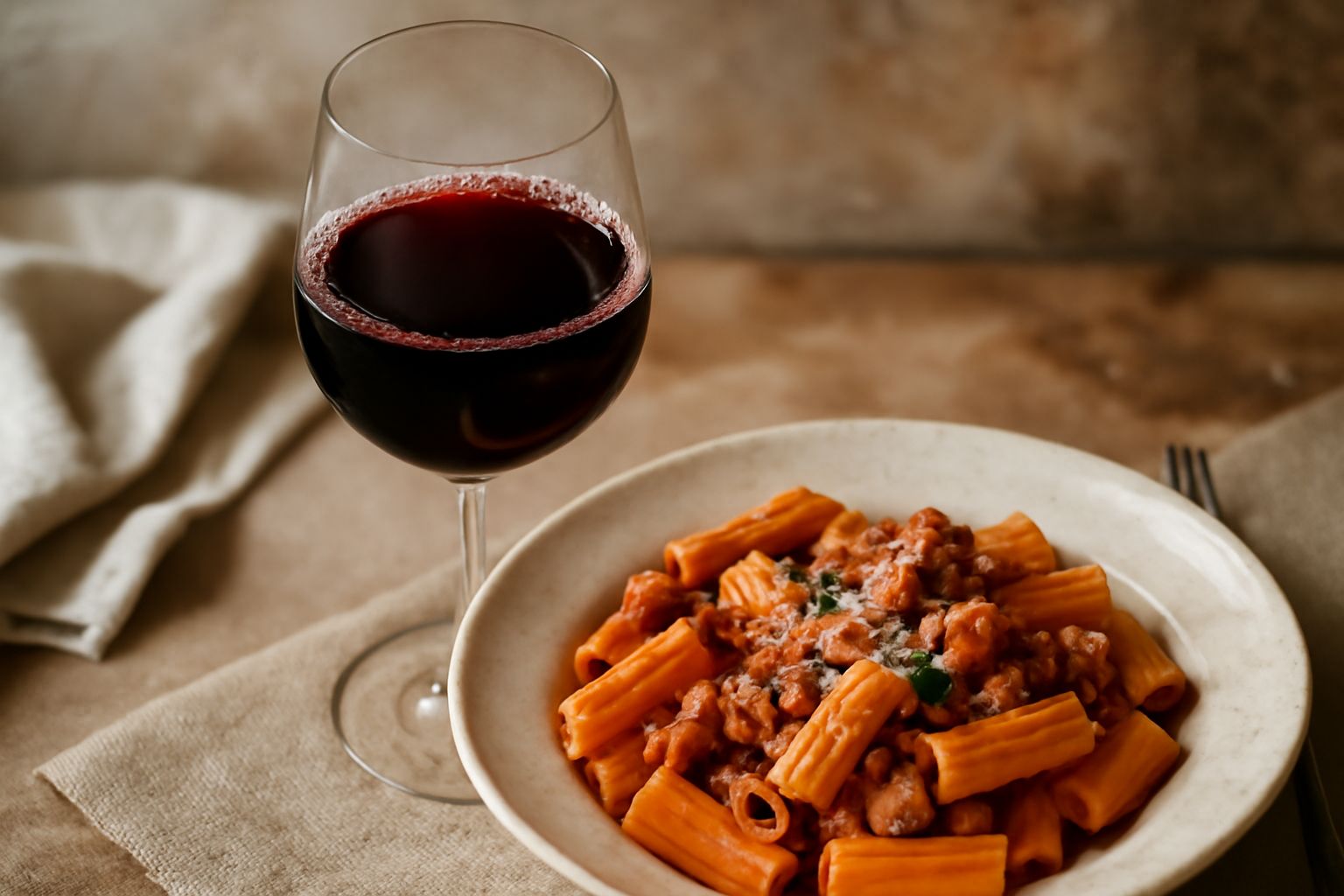 Bicchiere di vino rosso Molise Tintilia su tavolo di legno scuro, con sfondo di piatti di cucina regionale e bottiglie di vino sfocate