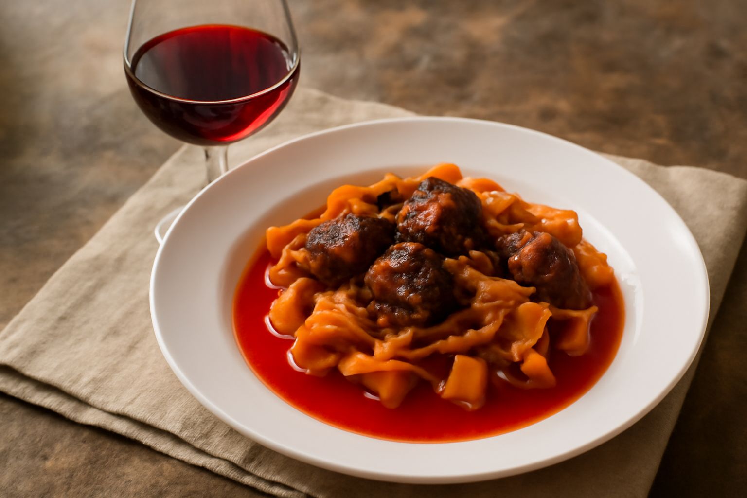 Bicchiere di vino rosso fresco e brillante con riflessi rubino, accanto a una bottiglia etichettata, su una tavola di legno con uva rossa fresca e una fetta di pane tostato