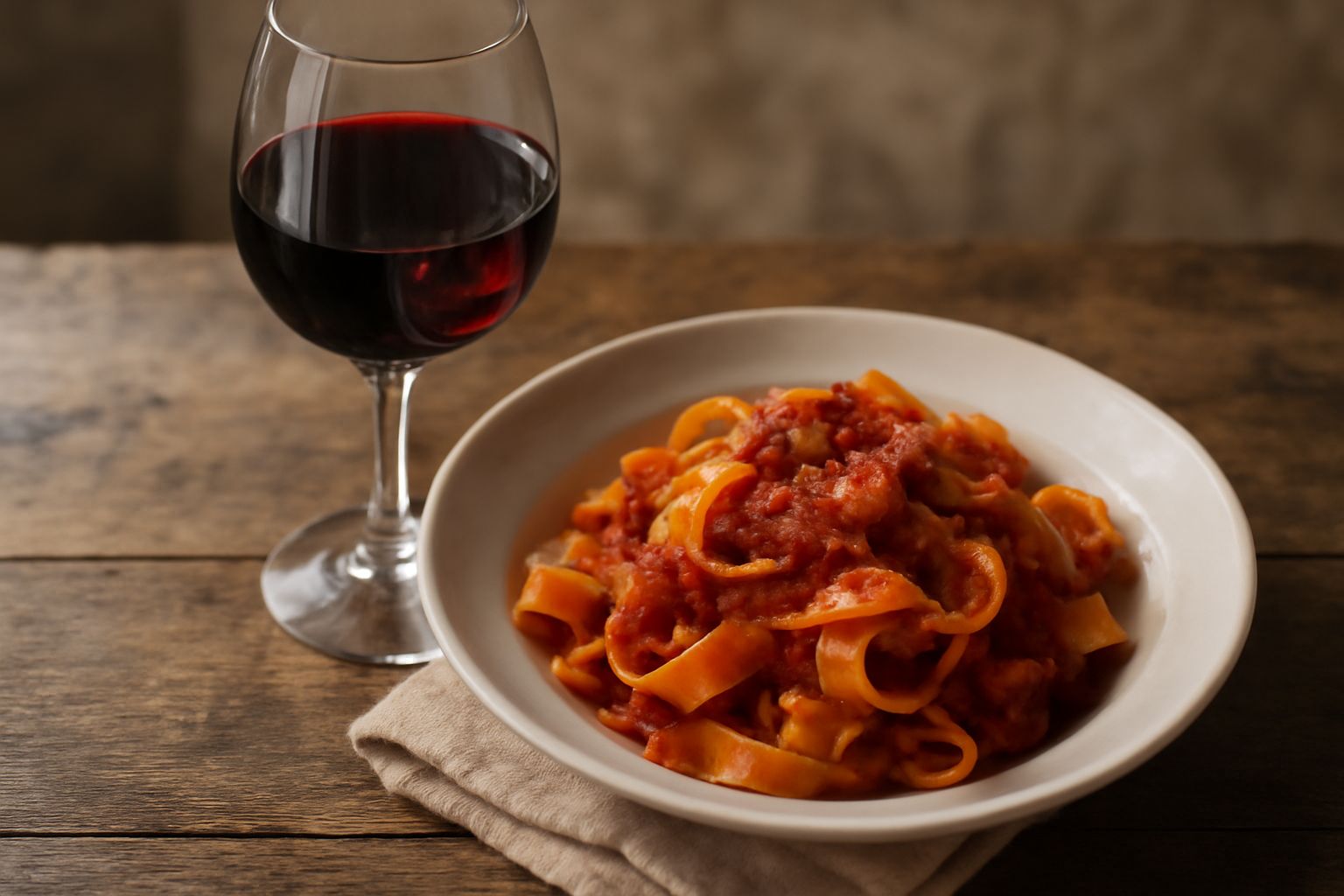Calice di vino rosso modicano con riflessi granata, circondato da uva nera, pane toscano, formaggi siciliani e salumi di maiale su fondo in legno scuro