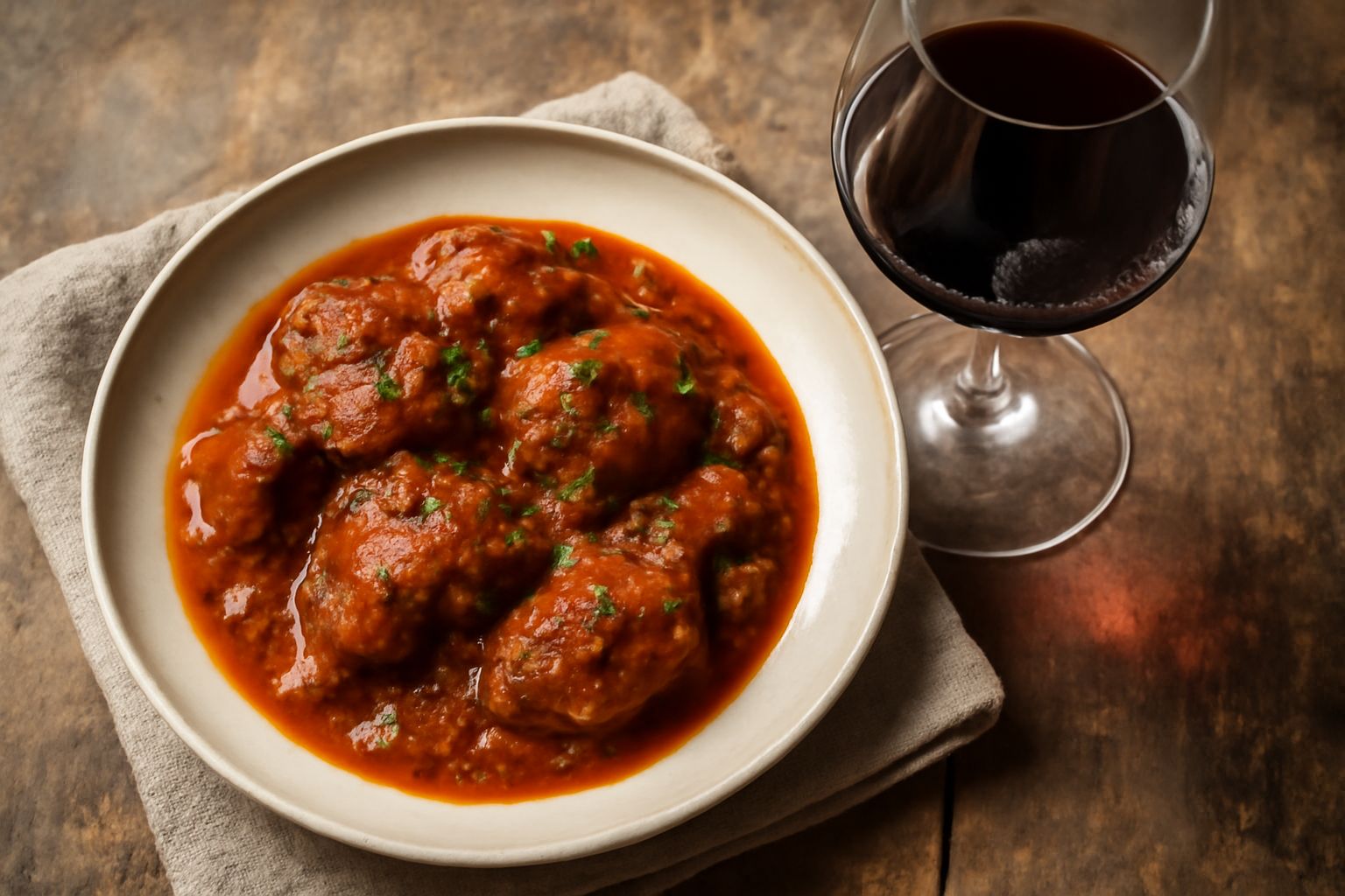 Bicchiere di vino rosso scuro con riflessi granata, accanto a una pentola in terracotta con ragù di carne, sfondo di tavolo in legno rustico e erbe aromatiche