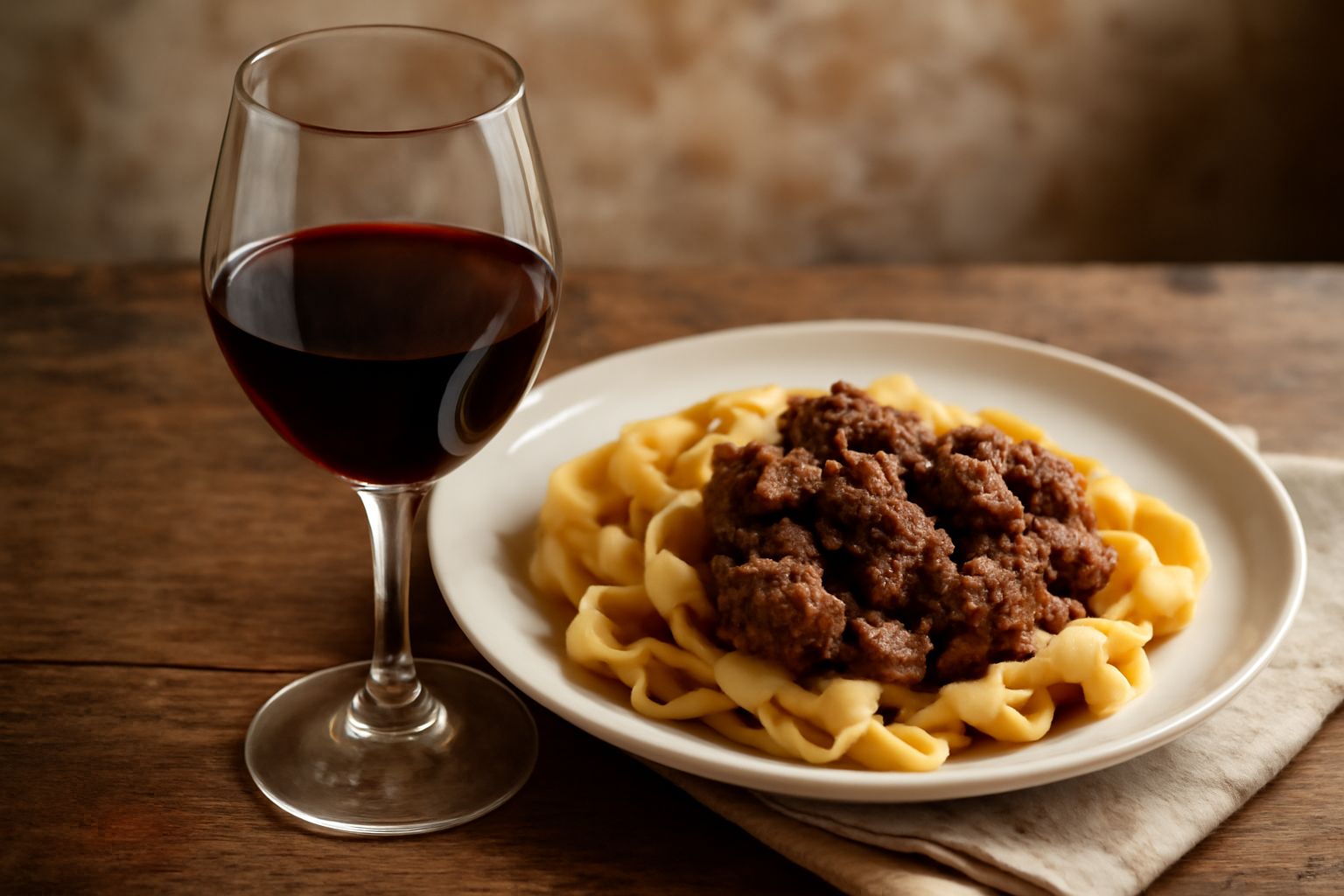 Bicchiere di vino rosso trentino con sfumature rubino, affiancato da una bottiglia scura, con una porzione di carne arrosto e rosmarino fresco in sottofondo