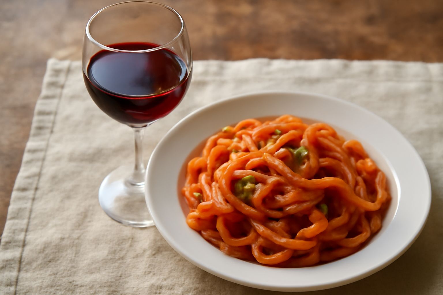 Bicchiere di vino rosso chiaro con riflessi granata, servito su tavolo bianco, con limoni freschi e vista del mare sfocata sullo sfondo