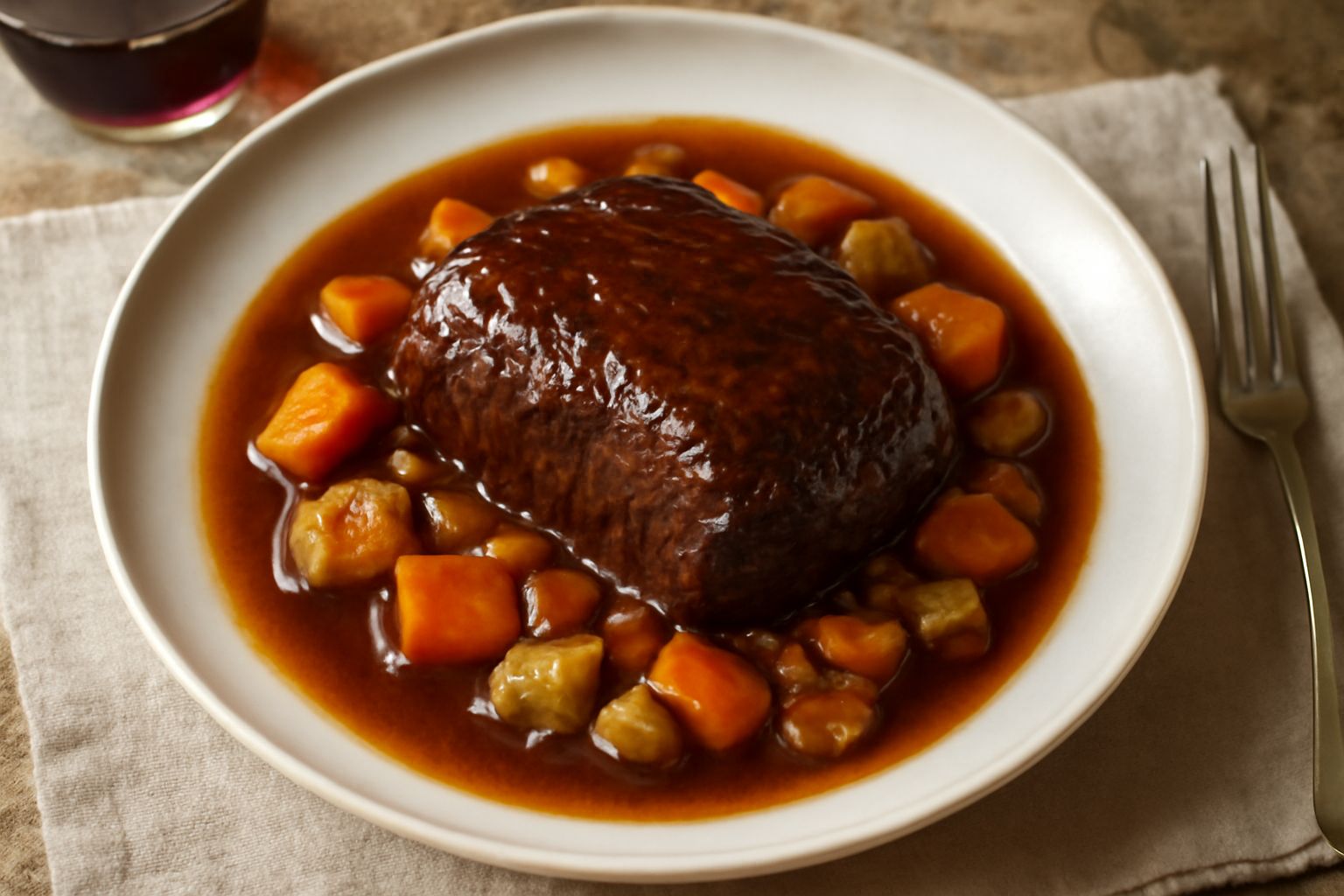 Brasato rosso scuro in tegame di terracotta con salsa lucida, fette di cipolla caramellata, carote e sedano intorno, vapore visibile, pane tostato nel piatto di sfondo