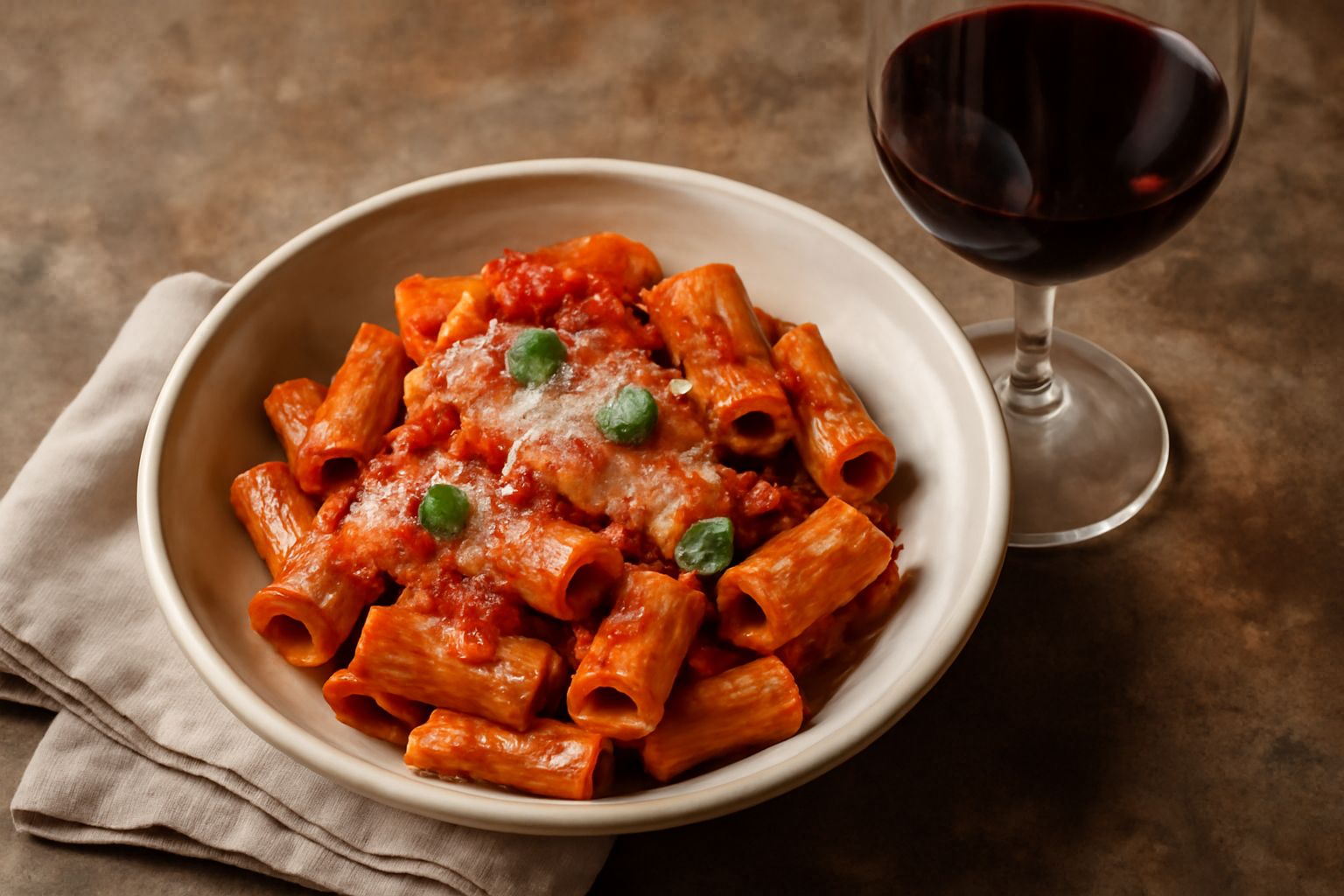 Bicchiere di vino rosso della Sabina con riflessi granato, accostato a un piatto di carne rossa e verdure grigliate, su fondo di legno scuro